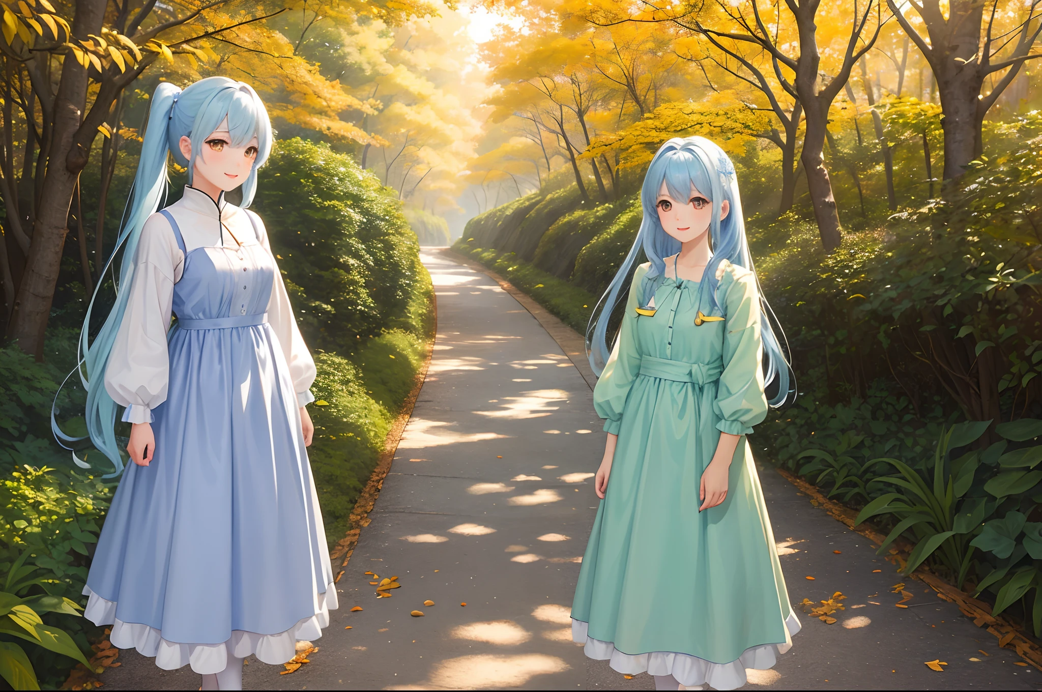 (((masterpiece)))、(((top-quality)))、((ultra-definition))、(Highly detailed CG illustrations)、((extremely delicate and beautiful))、(Delicate and Pretty Face)、ciinematic light、Pretty girl、Light blue hair、Longhaire、Twin-tailed、独奏、Yellow and brown dresses、Standing in the forest of autumn leaves at dusk、Dresses fluttering in the wind、full body Esbian、A charming smile、small tits(Character Focus)、nffsw、Face Highlights、Falling leaves flutter(Some photos)