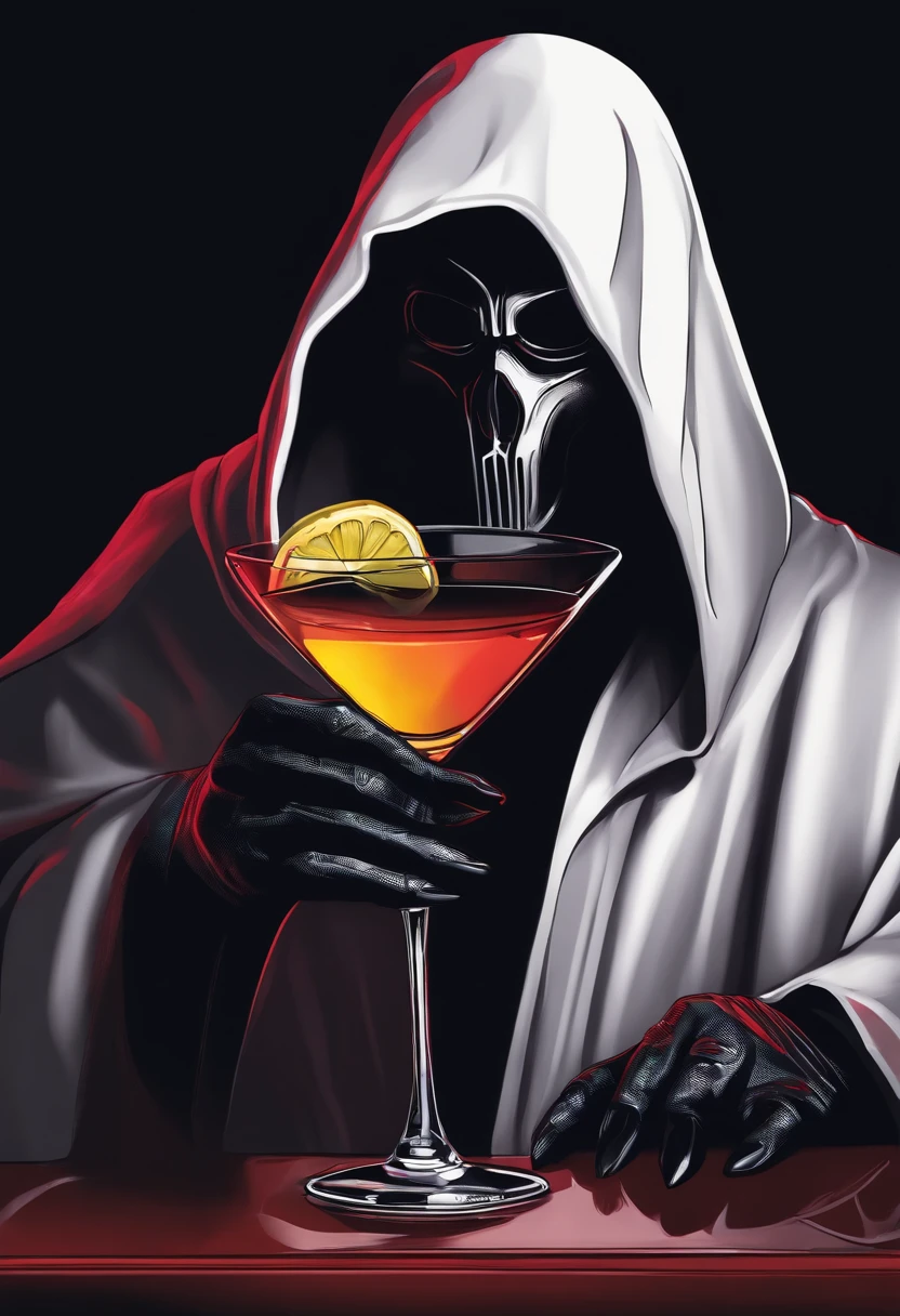 Ghostface character wearing a black hood and holding a cocktail glass