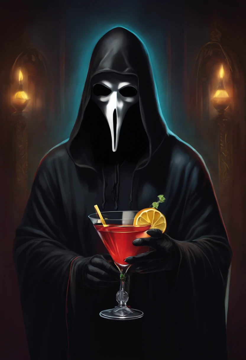 Ghostface character wearing a black hood and holding a cocktail glass