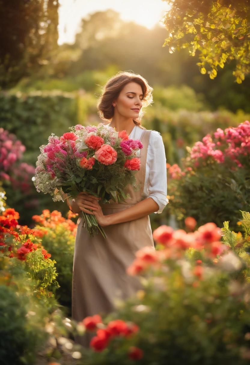 It shows a shot of a passionate gardener holding a bouquet of flowers in a serene and beautiful garden. Sunlight should bathe the garden to convey warmth and love for nature.