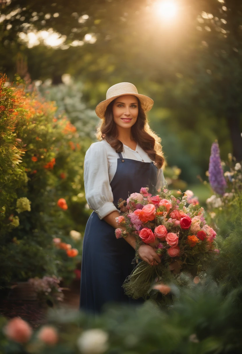 It shows a shot of a passionate gardener holding a bouquet of flowers in a serene and beautiful garden. Sunlight should bathe the garden to convey warmth and love for nature.