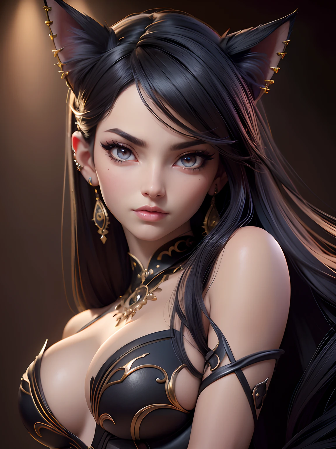 A Photograph of a beautiful woman with cat ears, her piercing gaze locked with the viewer's, in an alluring and seductive pose. Detailed round eyes. The intricately detailed rendering highlights the realistic textures of her skin, while contrasting tones of deep, mysterious hues create an enigmatic atmosphere. masterpiece, high details, best quality, HD, realism.