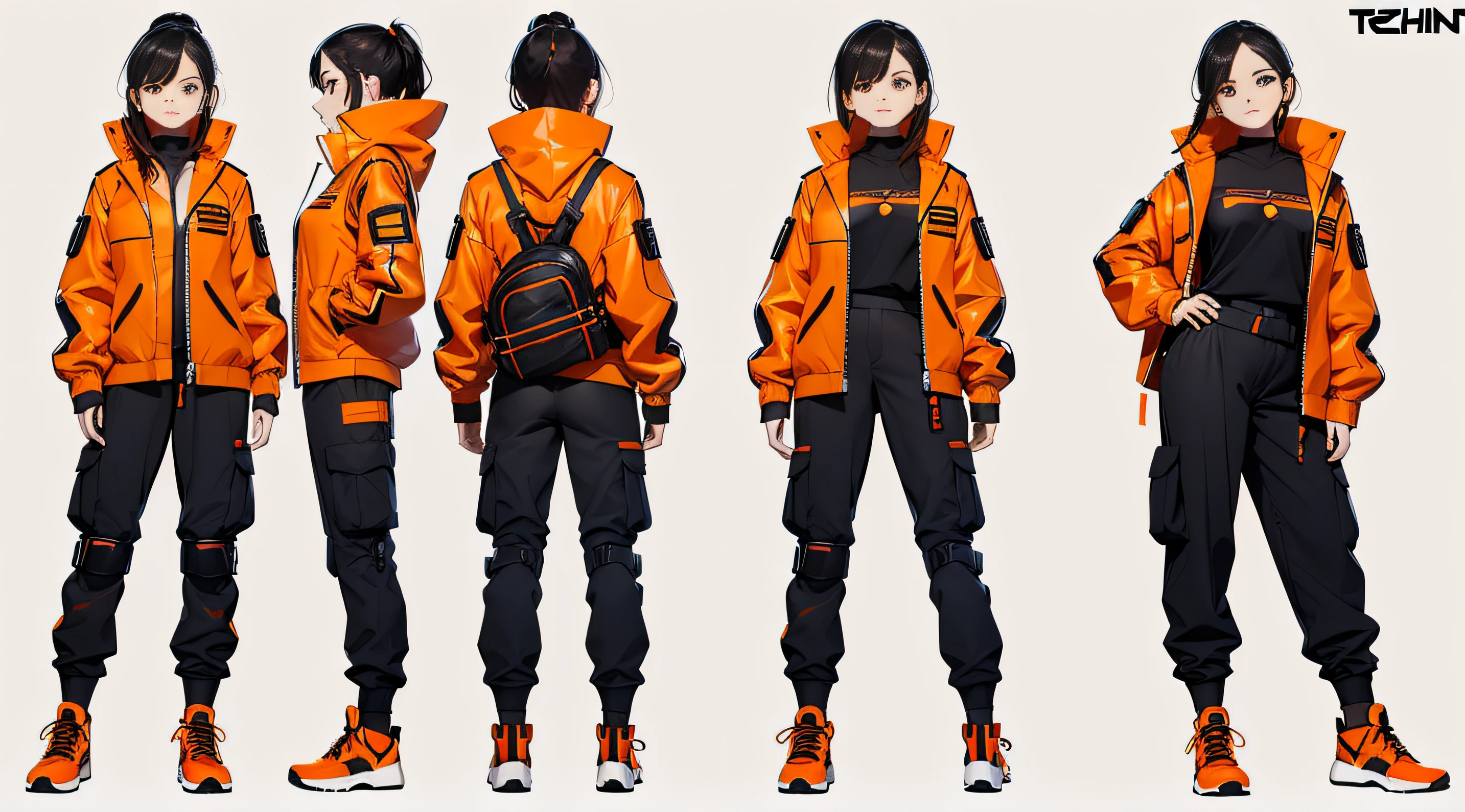 (Character design sheet, same character, identical outfits, front, side face, back), ((best quality)), ((masterpiece)), Cyberpunk girl in techwear clothing, orange jacket with side bags on arms, orange cargo pants with side pockets, orange sports shoes,