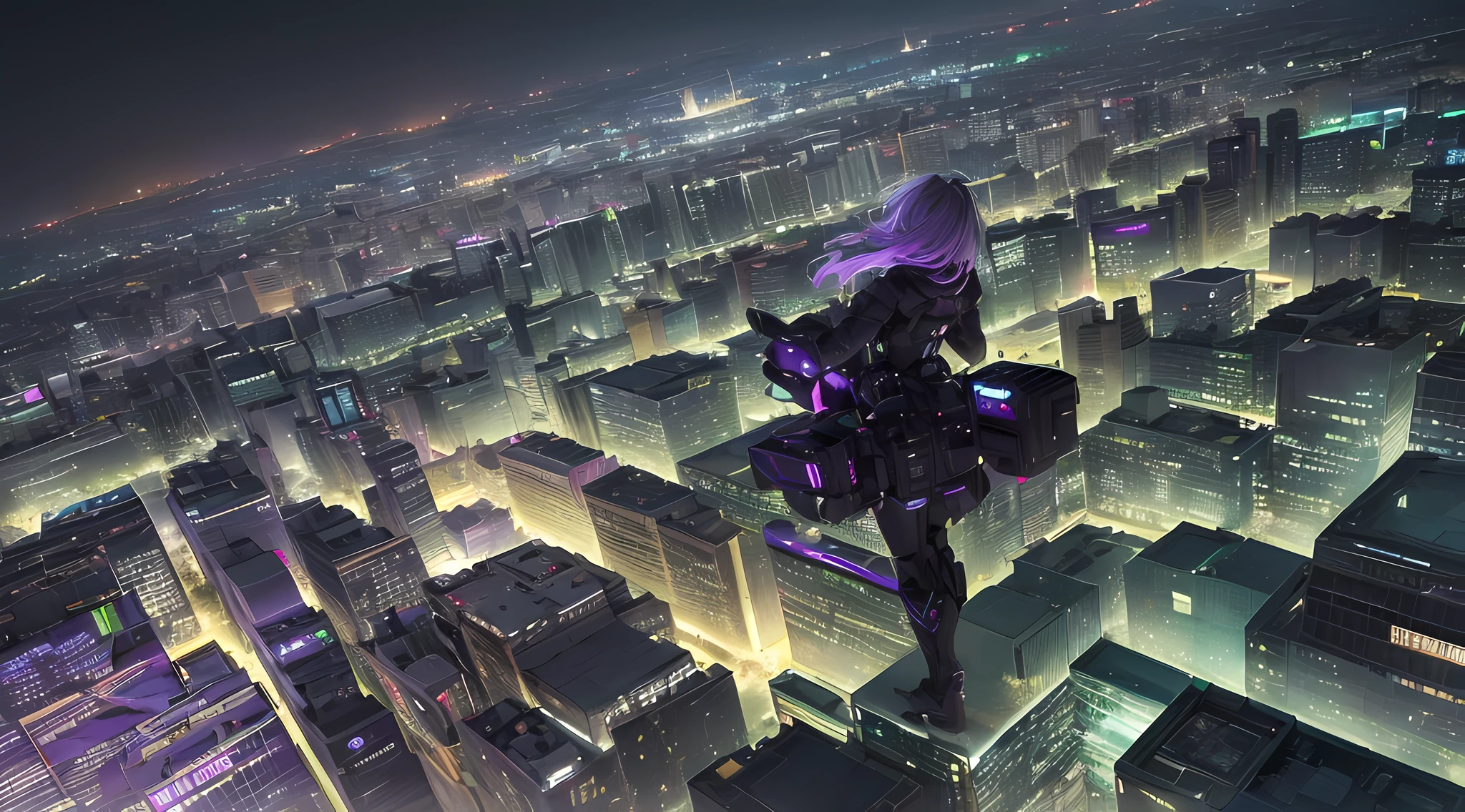 (((masterpiece))), (((best quality))), ((ultra-detailed)), (highly detailed CG illustration), ((an extremely delicate and beautiful)),A cyberpunk girl on a sky-flying motorbike, flying through the air., (long shot), Unreal engine, In space, looking at cyberpunk city, neon colors, cyberpunk space ships, ((grey hair)), (green eyes), dark night time, center composition, symmetrical composition, ((dark night:1.5)), dark neon, ((dark night:1.7)), extremely detailed, ((long shot)),((pitch black all around:1.7)), (dark puple:1.7),neon purple city