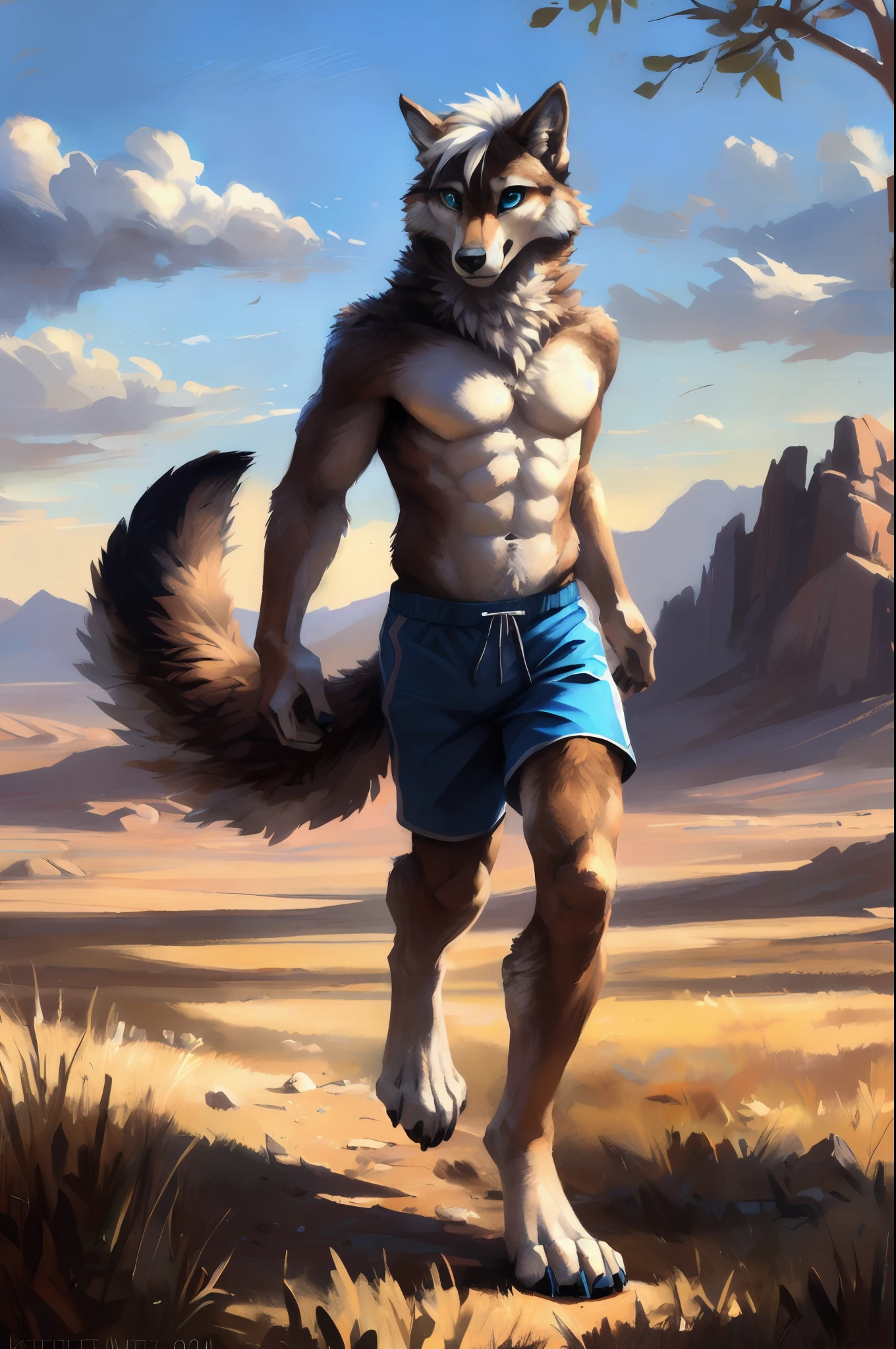 ((Solo)), male people, anthro wolf, (Multi-colored fur, White-brown:1.3), ((Wolf face, White hair, Big eyes, White eyelids, Blue pupil, Slim:1.2) (Tough, Calm expression:1.2)), Abs, Slim, pinging)), (Correct anatomy), (Work shorts:1.1), (Contour bone:1.2), The upper body is naked, (detailed outfits),A big tail,Feet,(Realistic fur, Detailed fur texture, labeled:1.3)), (Natural lighting), Photorealistic, Hyperrealistic, ultradetailed, by Kenket,Endless grasslands,No buildings,Running on