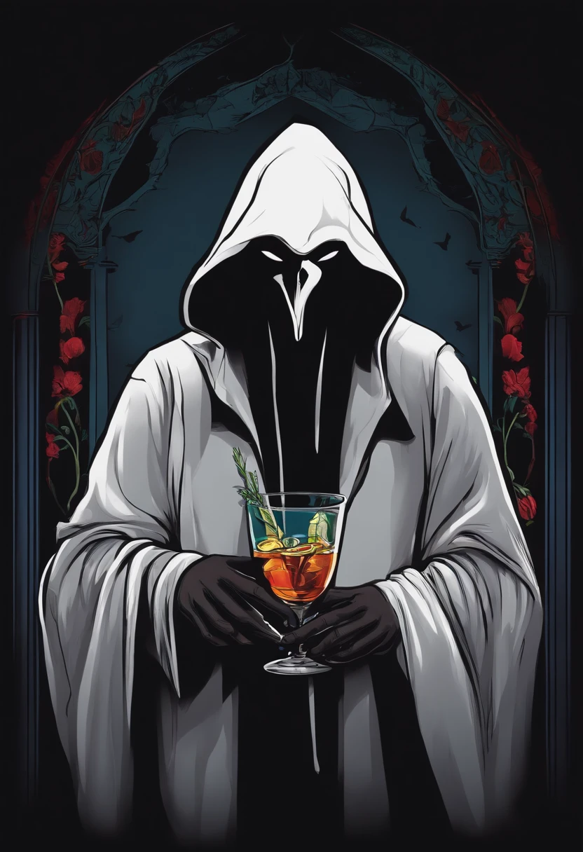 Ghostface wearing a black hood and holding a cocktail glass