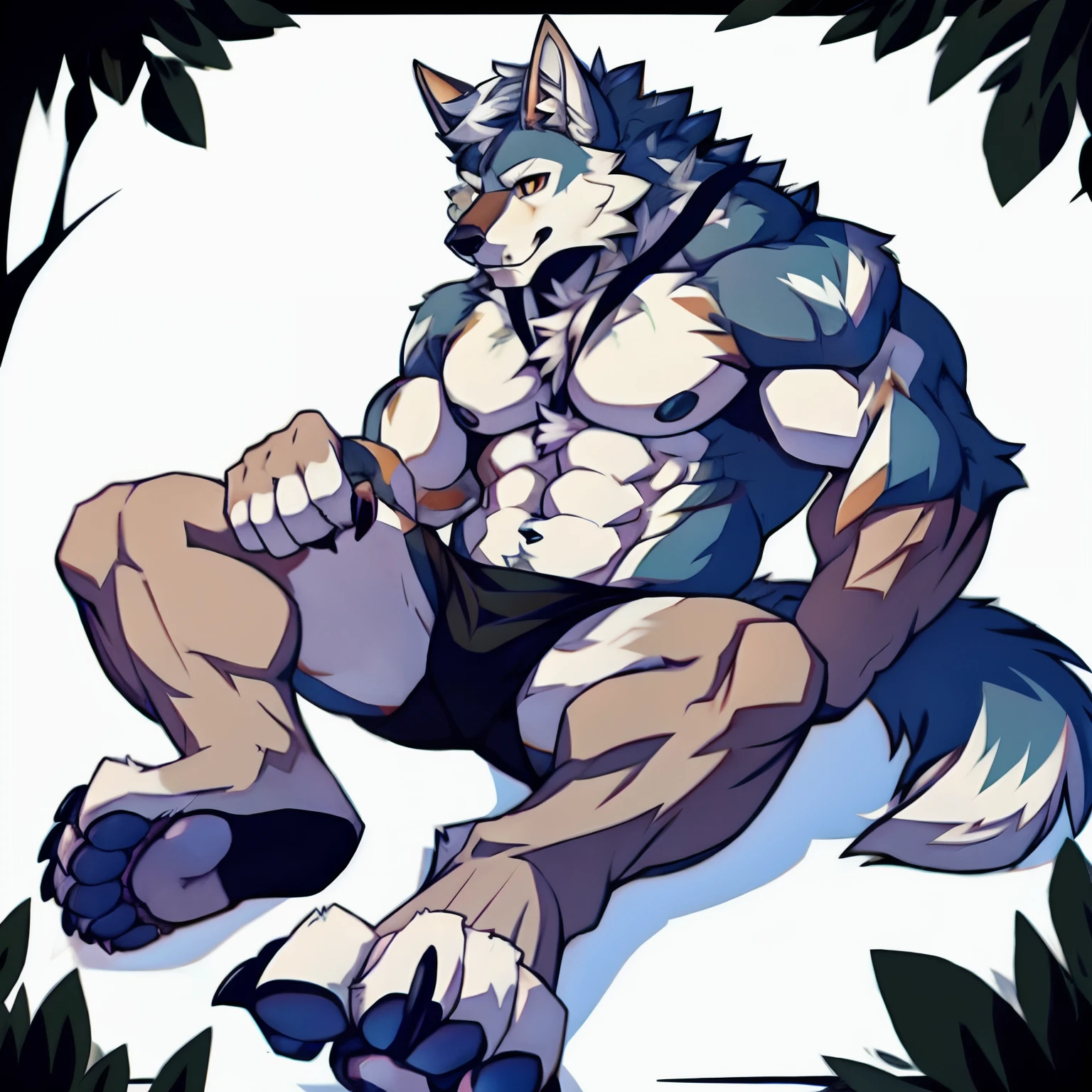 Human-wolf,musculature,Hairy all over,clawed paws,erect through