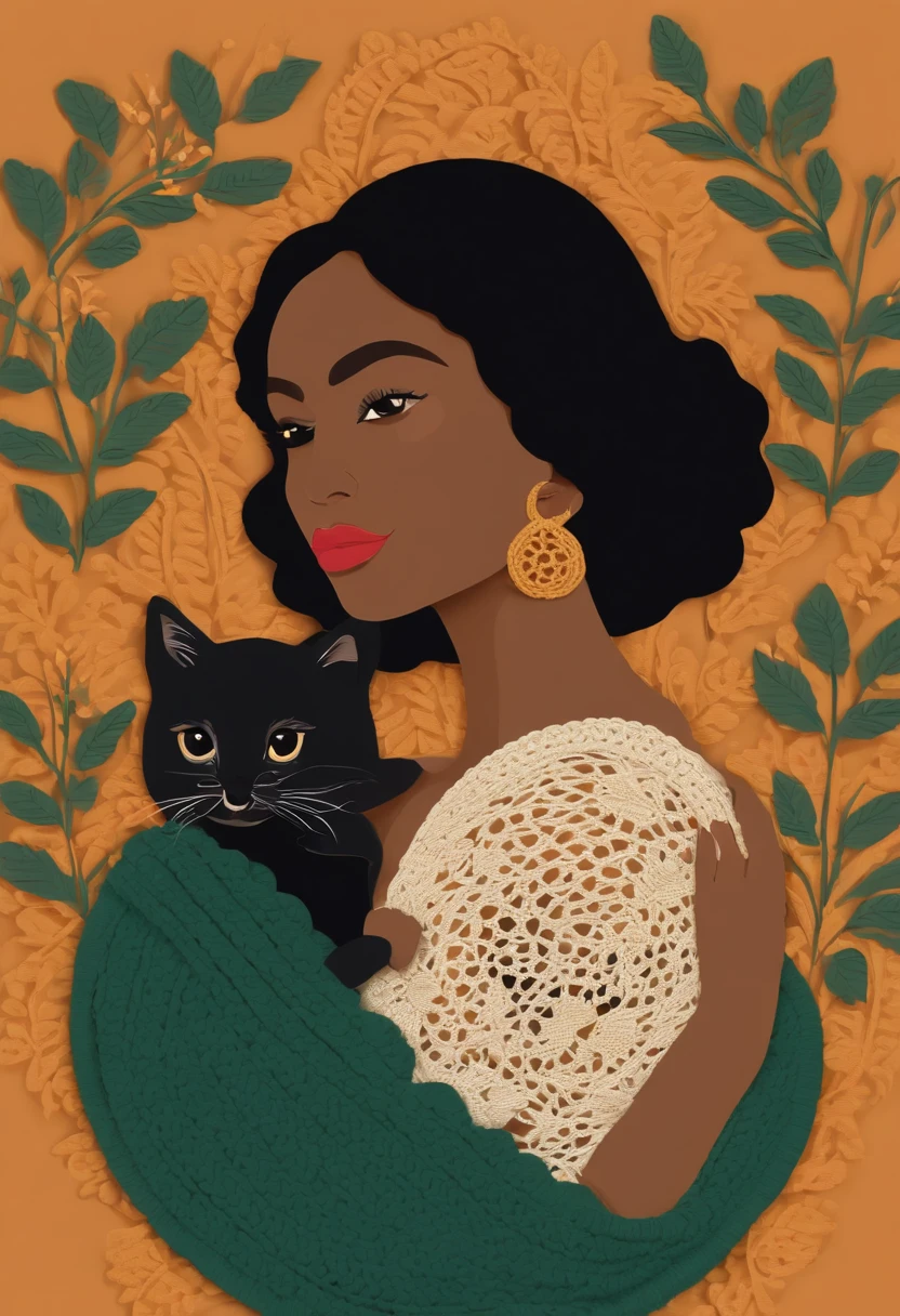 Create an image of a crochet artisan. She should be in your studio, dentro de um apartamento moderno e minimalista, surrounded by her 2 cats and her 1  girl.