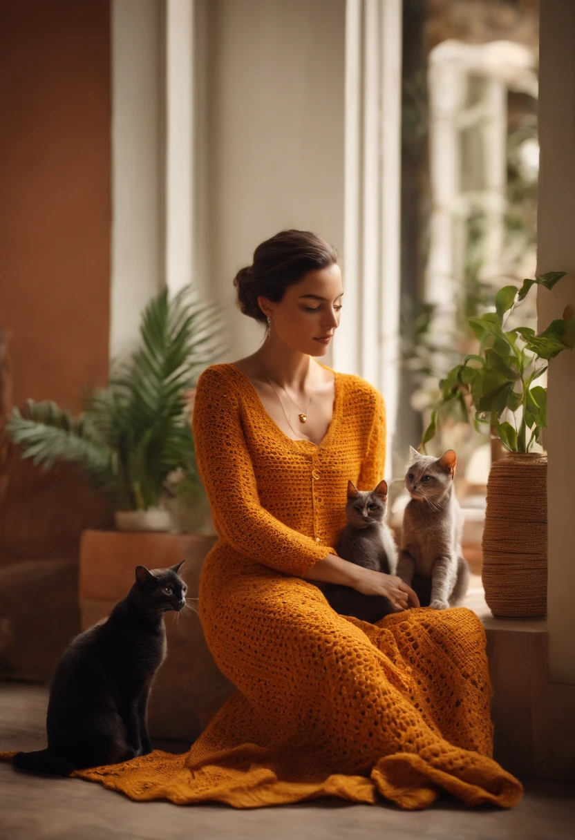 Create an image of a crochet artisan. She should be in your studio, dentro de um apartamento moderno e minimalista, surrounded by her 2 cats and her 1 year old baby girl.