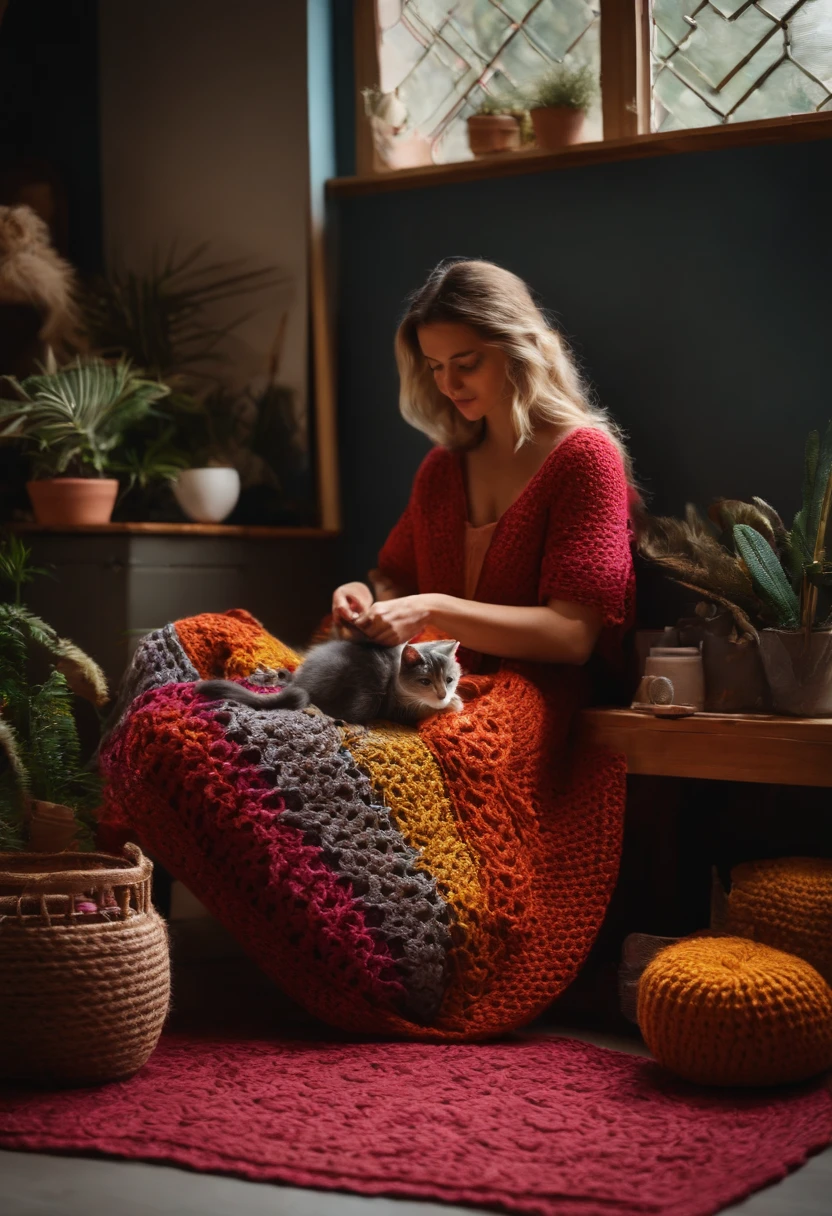 Create an image of a crochet artisan. She should be in your studio, dentro de um apartamento moderno e minimalista, surrounded by her 2 cats and her 1  girl.