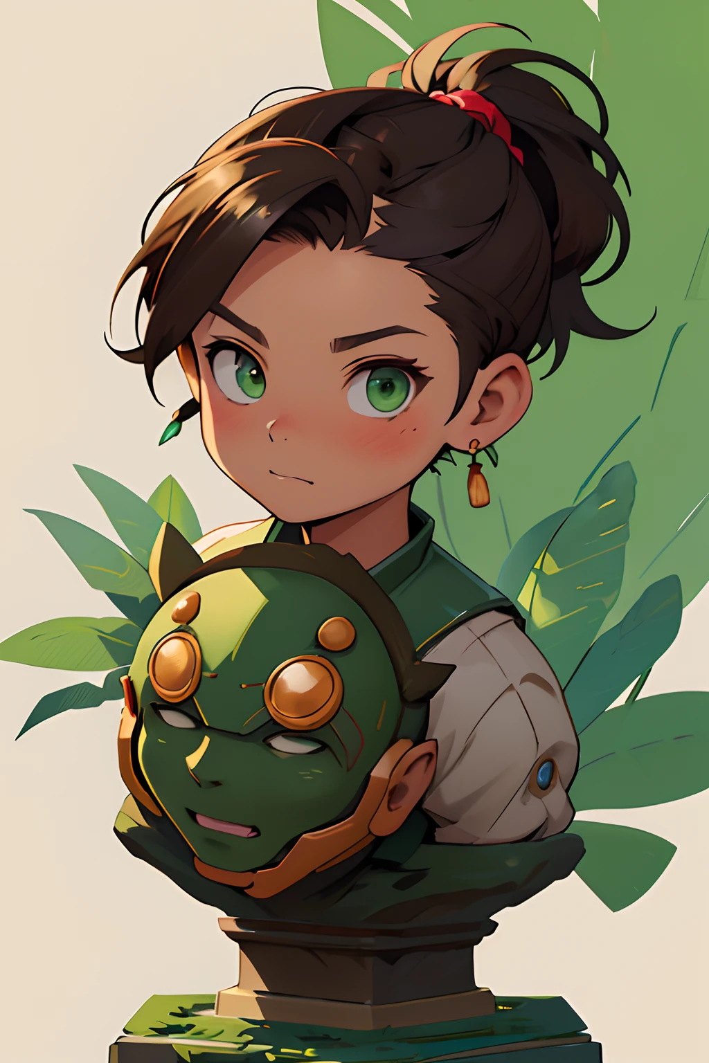 Chibi Art. large head. Swarthy girl with short brown hair, shaved temples, Green eyes. Inventor of mechanisms. Karichnevy. Green. portraite of a. Mahanika. inticrate background. Cute art. barn. suntan. brawn. Short hairstyle "Ponytail".  On the head . statuette