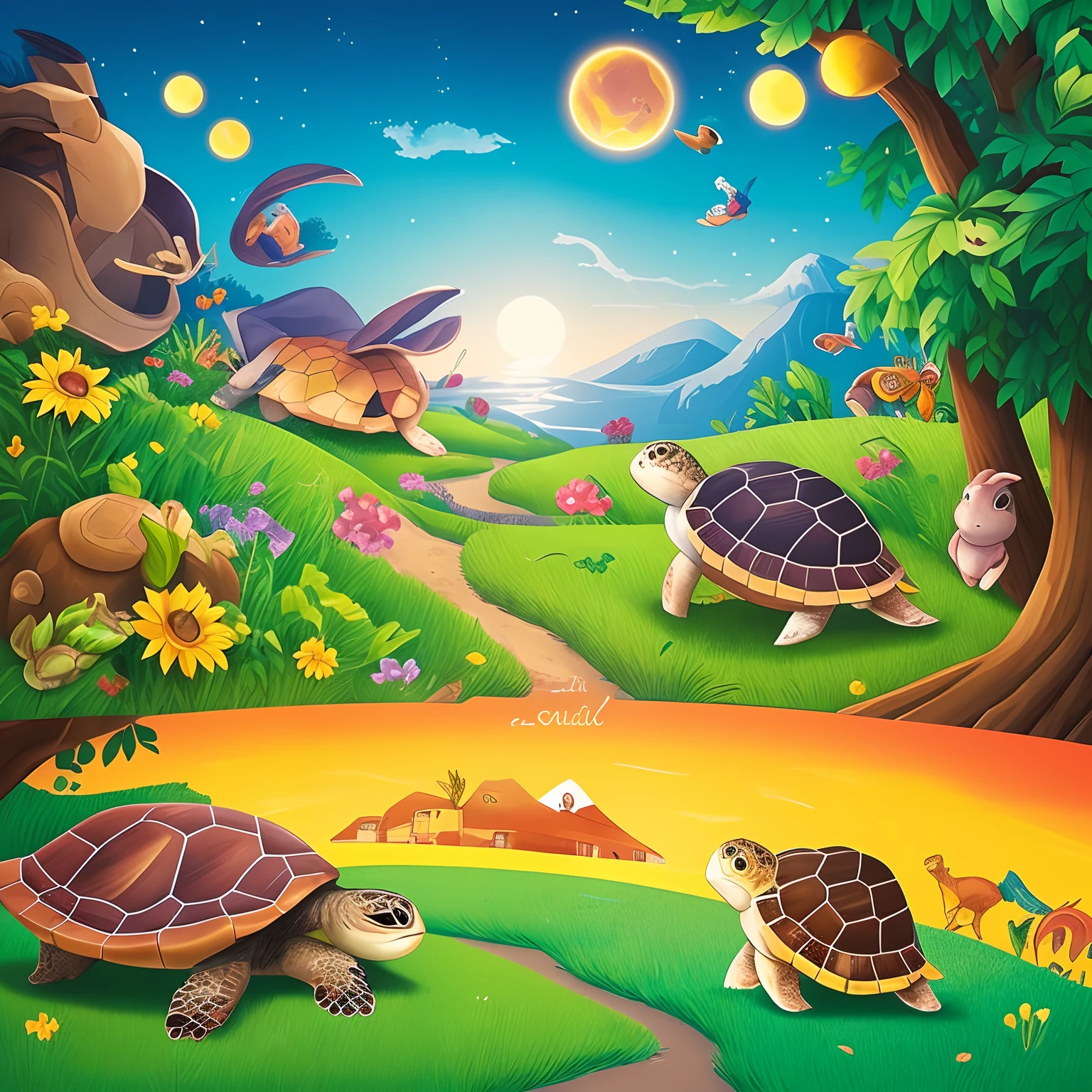 "Por favor, create an illustration that represents the story of 'The Turtle and the Rabbit Friends'. The illustration should show a turtle, montando nas costas do coelho, while escaping the fire. Be sure to highlight the difference in speed between the two characters and pass on the message of friendship and cooperation."