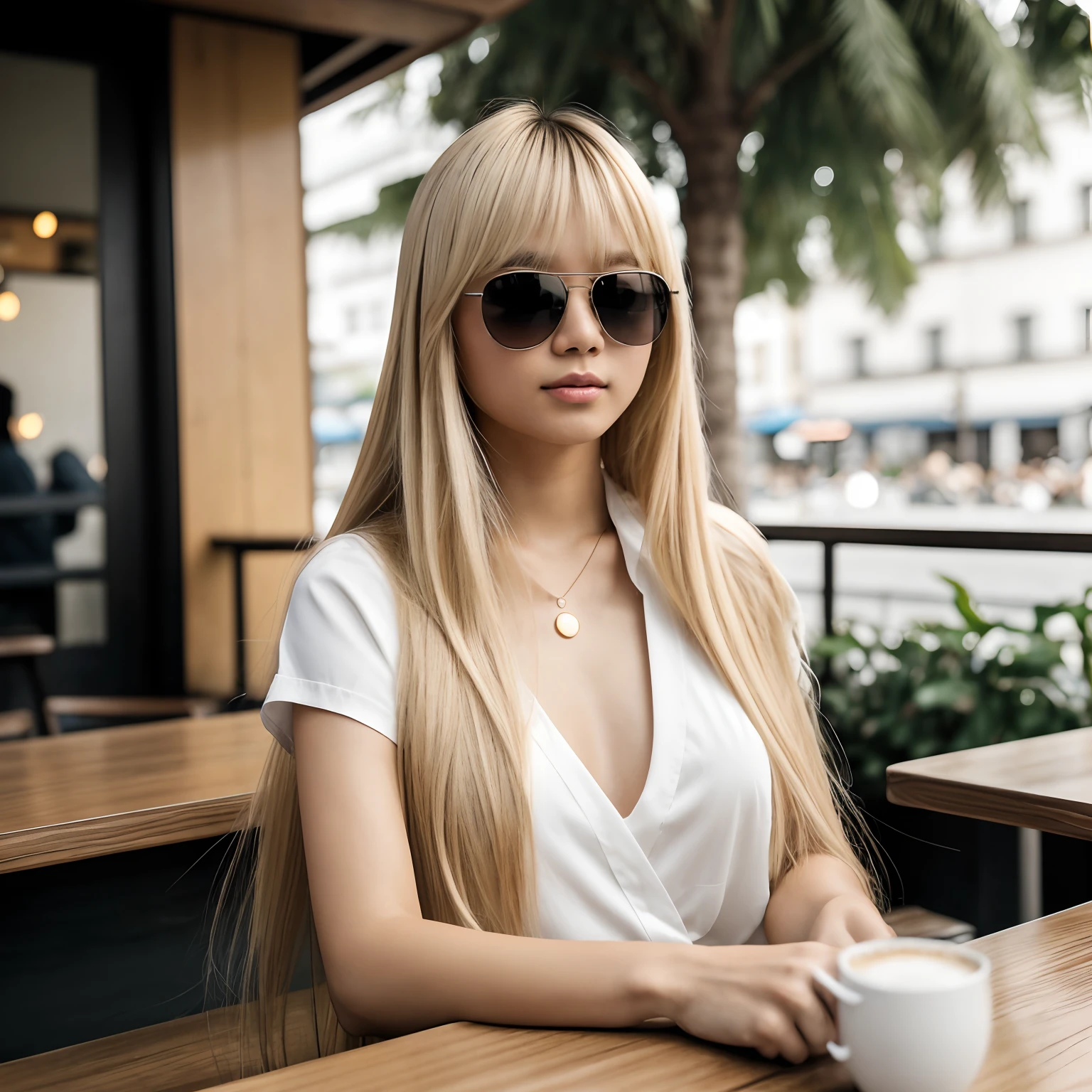 RAW photo, a 25-year-old Japanese woman with medium sized breasts in casual clothes , sitting in bar, outside on terrace ,white skin, long silky blonde hair with blonde bangs, drinking coffee, wearing prada black sunglasses, 8k uhd, dslr, soft lighting, high quality, film grain, Fujifilm XT3