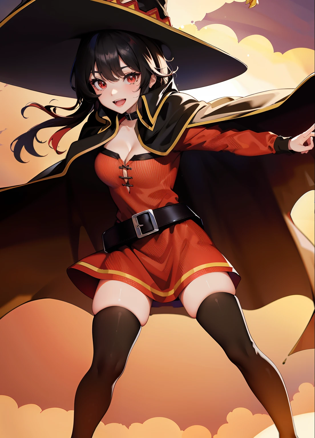 ((masterpiece)), (best quality:1.7), (detailed:1.4), (high res:1.4), 8k, (colorful:1.5), 2d, high resolution, sharped image, 4k, hd, megumin_konosuba, 1girl, (((solo))), ((black hair)), black thighhighs, wicth, witch hat, brown belt, red eyes, red dress, middle body, cowboy shot, smile, ((medium breasts)), (((cape))), peace symbol, long sleeves, cleavage, legs, long legs, school, ((field)), sun, sky, clouds, spread legs, ((looking at viewer)), (((two arms))), (((two hands))), choker, ((black cape)), hands on own hip, belt,