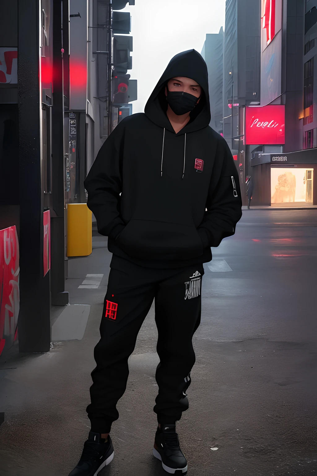 "(best quality,4k,8k,highres,masterpiece:1.2),ultra-detailed,(realistic,photorealistic,photo-realistic:1.37),man full body,hoodie,cool mask,big pants,hook on,red eyes,night scene,dark room,studio lighting,detailed textures,neon lights,vibrant colors,urban style,graffiti art"
