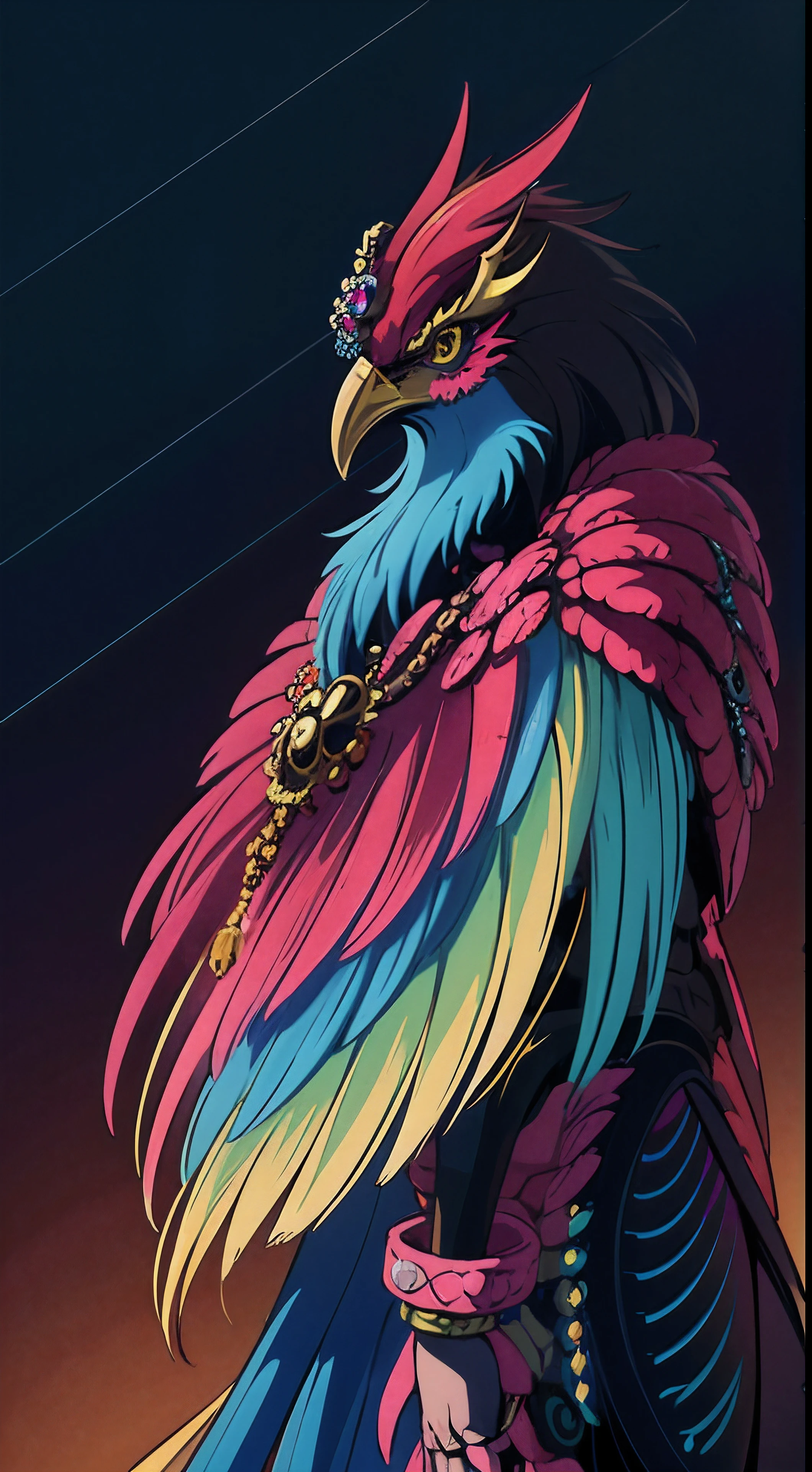 Imagine a bizzare god of fractal design wielding a rare bird at his side adorned with jewels and skulls. Vibrant striking color, EXTREMELY ELEGANT, UHD 50K, hi-rez, unreal, octane render --auto