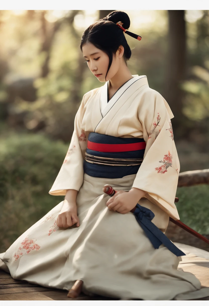 It is a full-body painting with natural colors,Line drawing with Katsushika Hokusai style。The swordsman Japanese has a tall body like a strongman。A samurai girl in Japan。She has a dignified and innocent expression,Short black hair and hair accessories。Her upper body is dressed in a colorful kimono,The hakama is knee-length。She holds a Japanese sword in her right hand。At the highest quality,A masterpiece of lightning and swirling flames in high resolution ukiyo-e style。The little girlface and body face forward,The back is straight。