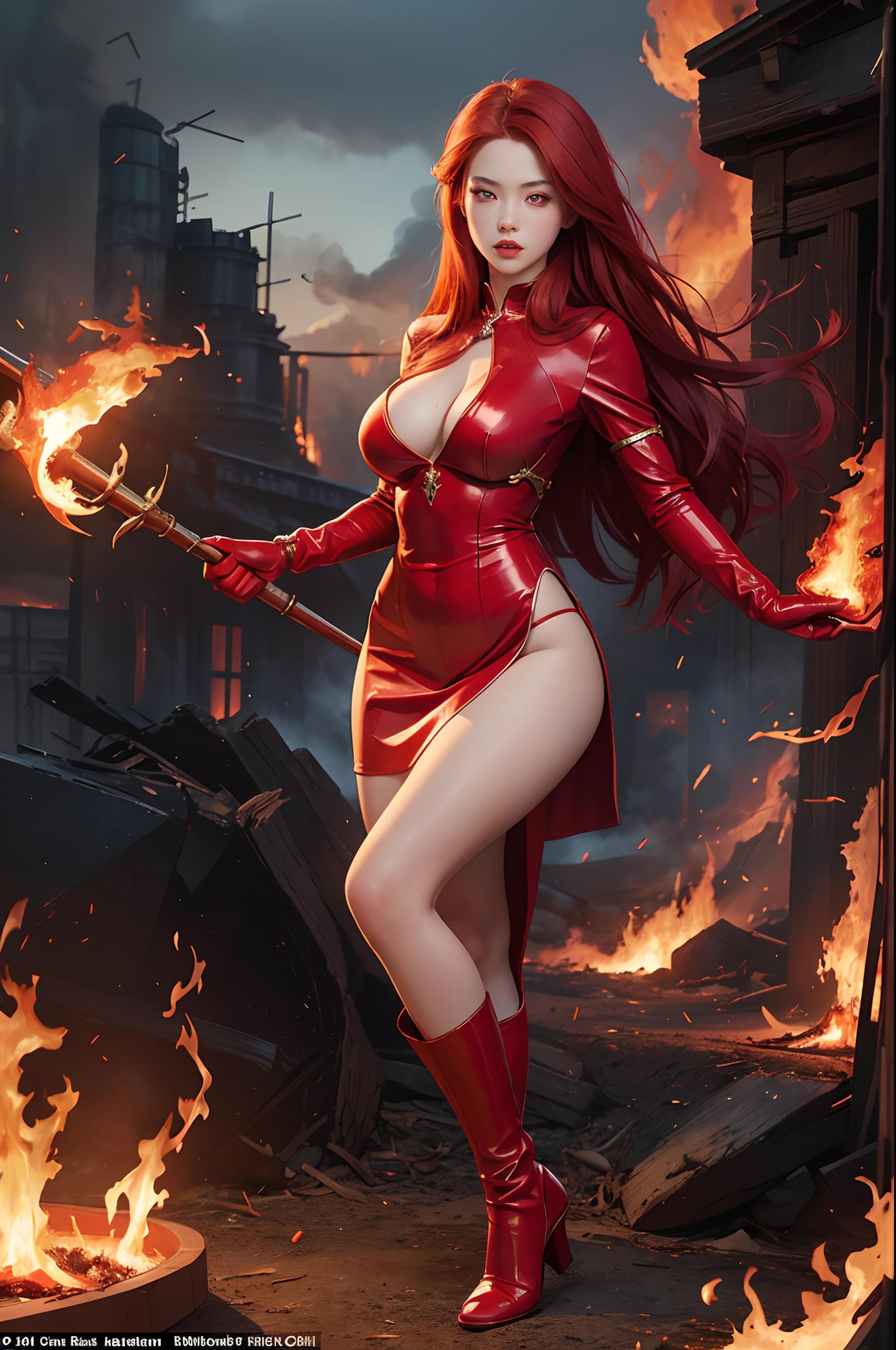 Masterpiece, ultra defined details, Girl, full body, super detailed eyes, long red hair, red eyes, glowing eyes, short red oriental dress, red gloves, serious and annoying expression, perfect anatomy, big breasts, hourglass body, body fire , firepower, scenery on fire, burning city, fire particles, detailed scenery, cinematic effect