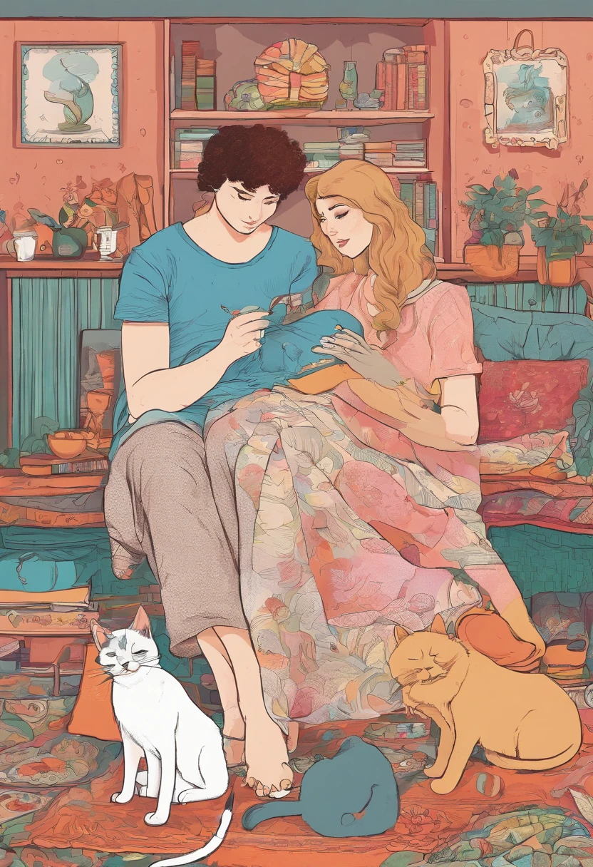 Create the image of a crochet artisan, with her 1--old l on her lap, and her two pet cats nearby. The crocheteira has hair up to the shoulder, levemente ondulados, e possui rosto arredondado e bochechas salientes.
