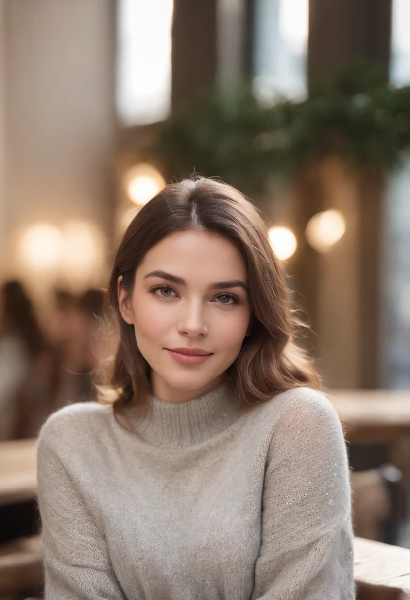 A beautiful woman wearing a long knitted light-grey sweater that covers her hands, looking at the camera with a smile with one hand on her lap and the other under her chin, wearing jeans, sitting in a coffee shop, golden glow, blurred background, bokeh, 50mm 1.2, smiles, happy