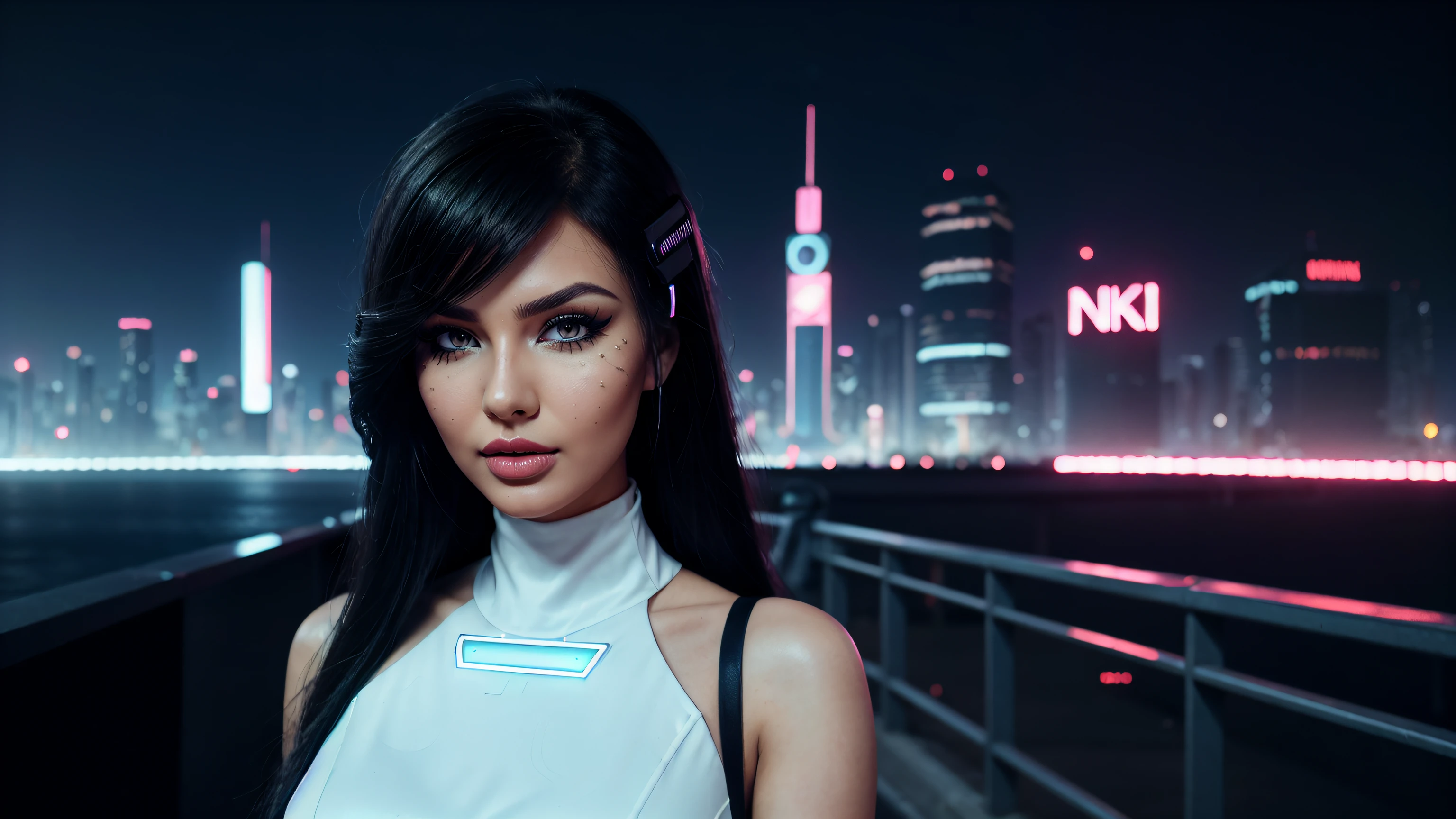 sveta bilyalova, (eyeliner), (matte lipstick), vestido longo branco, ((futuristic cyberpunk city)), ((rosto insanamente detalhado)), (((fotografia 4k))), (((night))), (color lights)