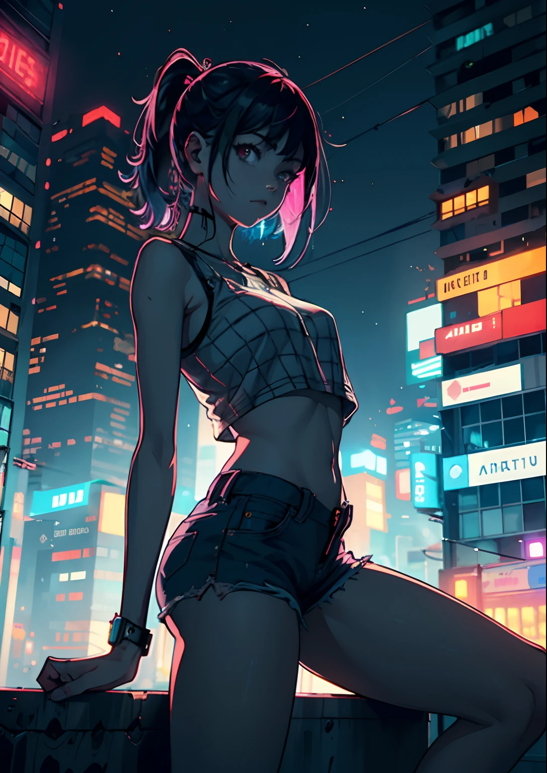 a girl on top of a building wearing jean shorts and a long-range plaid shirt, dia chuvoso, noite escura, luzes neon, olhando para a cidade cyberpunk, linhas bem definidas, luzes neon evidentes
