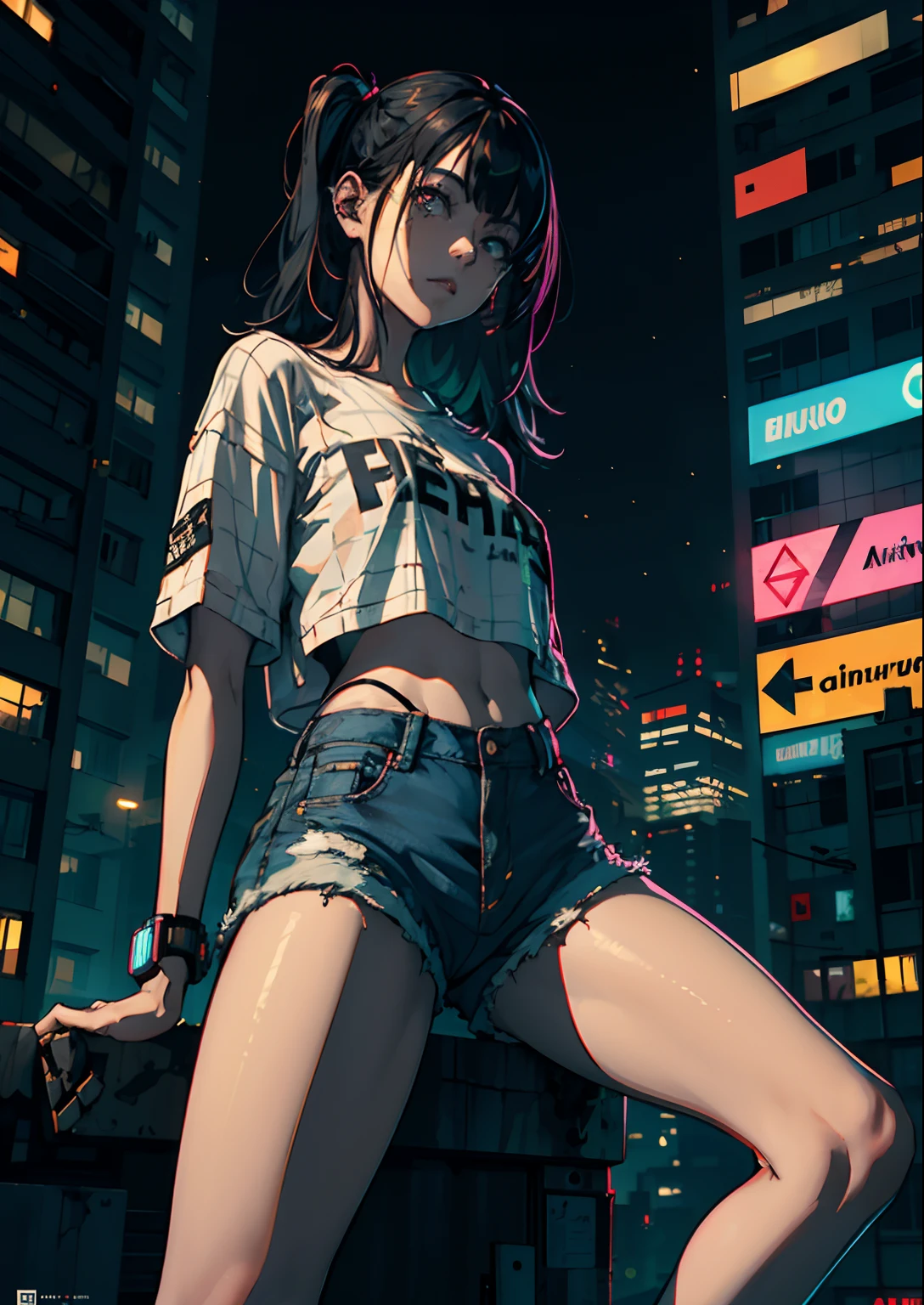 best quality, anime girl with red hair and blue shirt stands in front of a neon city, Anime style 4k, seductive anime girl, lofi girl, retro anime girl, Anime style. 8k, 80s anime vibe, anime vibe, cyberpunk digital anime art, 80s anime art style, digital anime illustration, cyberpunk anime girl, city girl fanartwoman helping neon undress