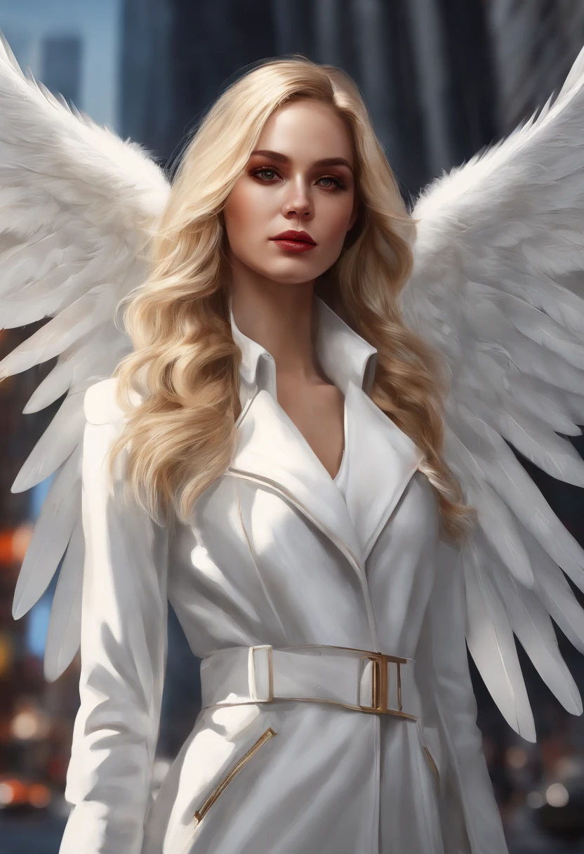 1girl,golden hair,red eyes,long white trench coat,[white angel wings],on the streets of a city,[clothes with black details],shiny eyes,[halo of light on the head],day,[dramatic colors],illustration,ultra-detailed,[highres],realistic Explanation: This prompt describes a detailed and realistic illustration of a girl with golden hair and red eyes. She is wearing a long white trench coat with black details, which adds contrast and style to her outfit. The girl is standing on the streets of a city, surrounded by the hustle and bustle of urban life. Her brilliant red eyes shine with intensity and determination, capturing the attention of anyone who sees her. A pair of white angel wings is attached to her back, symbolizing her purity and divine presence in the chaotic city. On top of her head, there is a halo of light, accentuating her angelic nature. The scene is set during the day, allowing vibrant and dramatic colors to fill the artwork and create a visually striking composition. The overall quality of the image is high, with fine details and a realistic appearance. It is an illustration created with great attention to detail, providing an immersive and visually appealing experience.