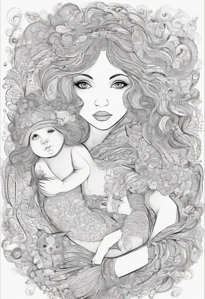 Create the image of a crochet artisan, with her 1--old l on her lap, and her two pet cats nearby. The crocheteira has hair up to the shoulder, levemente ondulados, e possui rosto arredondado e bochechas salientes