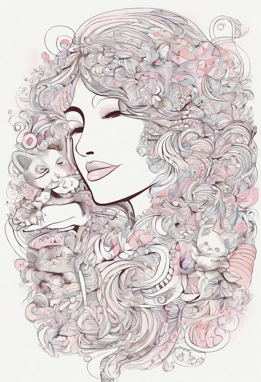 Create the image of a crochet artisan, with her 1-year-old baby girl on her lap, and her two pet cats nearby. The crocheteira has hair up to the shoulder, levemente ondulados, e possui rosto arredondado e bochechas salientes