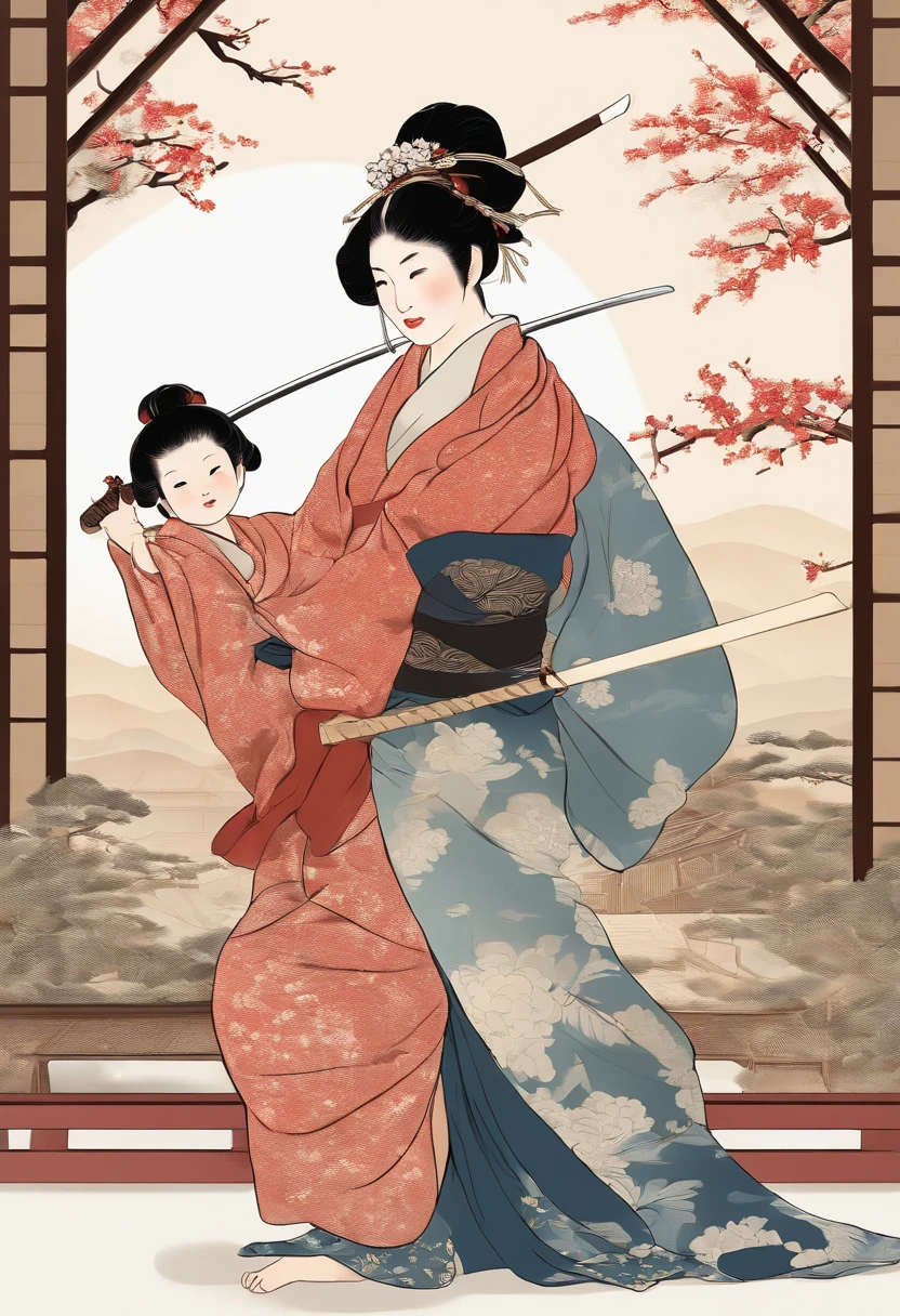It is a full-body painting with natural colors,Line drawing with Katsushika Hokusai style。The swordsman Japanese has a tall body like a strongman。A samurai with a 7-year-old he has a dignified and innocent expression,Short black hair and hair accessories,flatchest,Barefoot,full bodyesbian。Her upper body is dressed in a colorful kimono,The hakama is knee-length。She holds a Japanese sword in her right hand。At the highest quality,A masterpiece of lightning and swirling flames in high resolution ukiyo-e style。The little girl stood,The faceace forward,The back is straight。Shoot at medium distance。