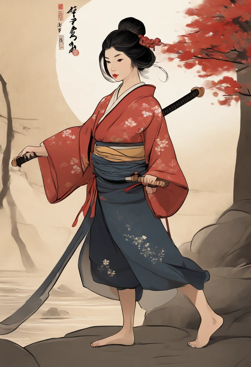 It is a full-body painting with natural colors,Line drawing with Katsushika Hokusai style。The swordsman Japanese little girl has a tall body like a strongman。A samurai with a 7-year-old girl in Japan。She has a dignified and innocent expression,Short black hair and hair accessories,flatchest,Barefoot,full bodyesbian。Her upper body is dressed in a colorful kimono,The hakama is knee-length。She holds a Japanese sword in her right hand。At the highest quality,A masterpiece of lightning and swirling flames in high resolution ukiyo-e style。The little girl stood,The face and body face forward,The back is straight。Shoot at medium distance。