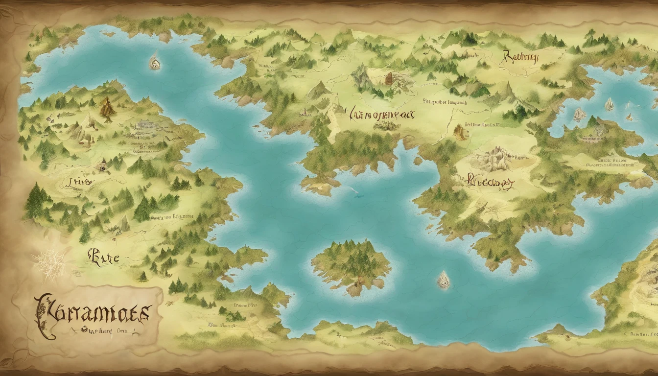 Map of a fantasy world, with a ice land up nord, rivers, lakes, mountains, plains, forest