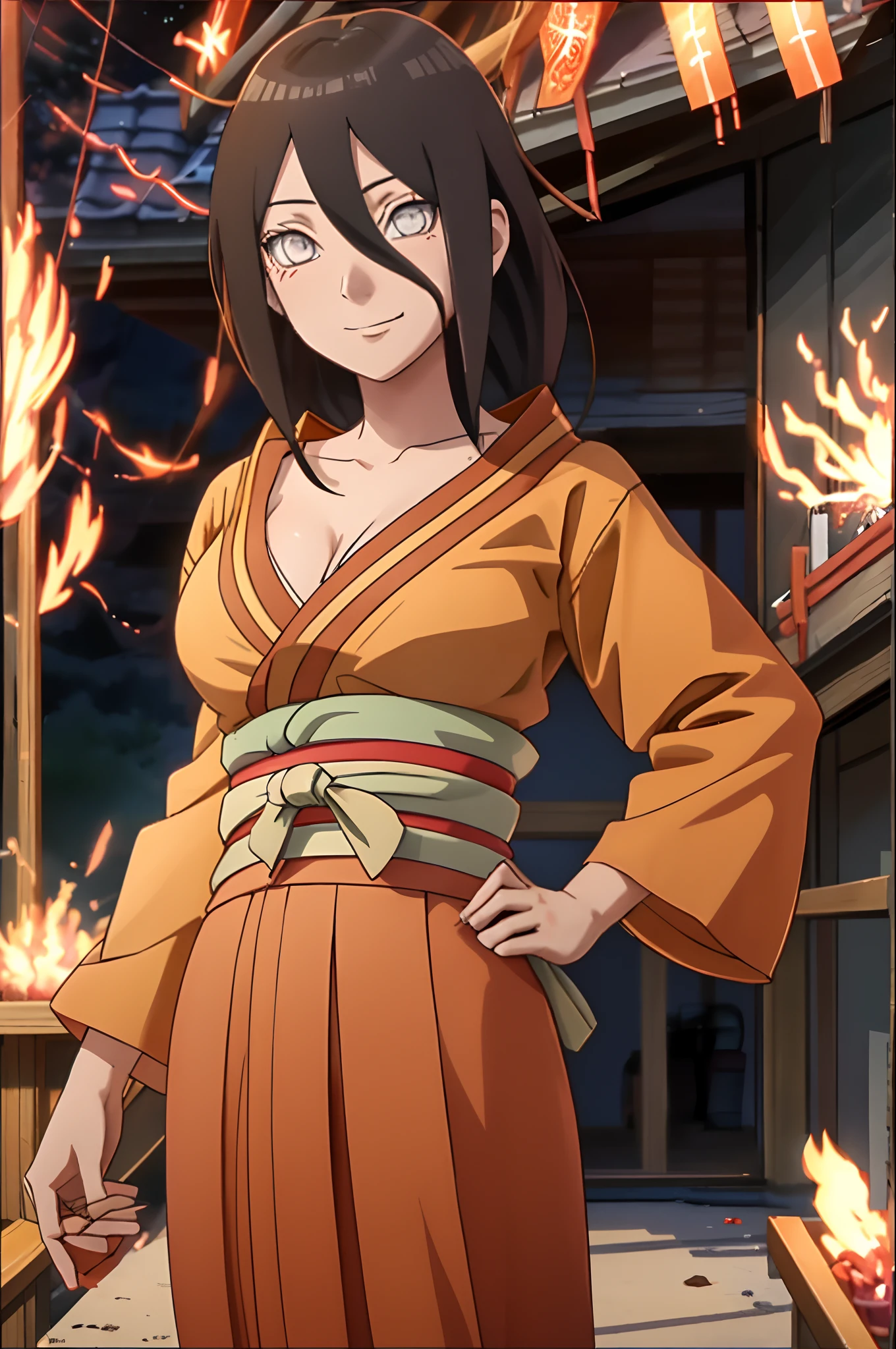 tmasterpiece， Hinata fireworks， 1girll， 独奏， orange kimono， Red hakama skirt， obi strip， Wide sleeves， looking at viewert，cleavage，Large breasts，Front view，ssmile