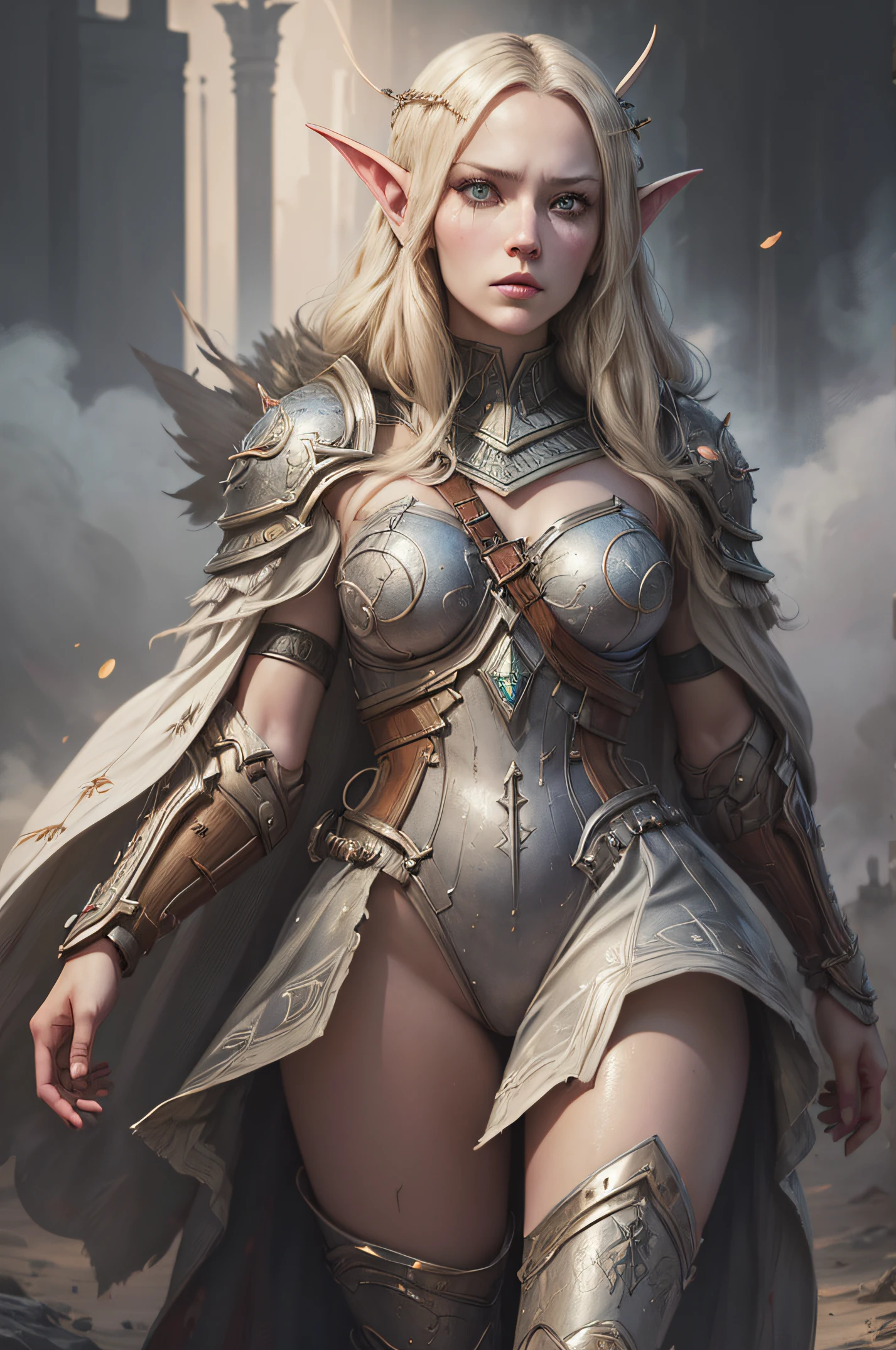 An adult girl stands on the battlefield, After the battle, Elven warriors stand on the battlefield, detailed digital anime art, Anime with small details, Best Quality, Masterpiece, Ultra-detailed, Beautiful, hight resolution, Original,CG 8K ультрареалистичный, perfect artwork, beatiful face, Face Clean, Skin, hyper realistic, Ultra Detailed, A detailed eye, dramatic  lighting, (Realistic) Realistic, Full HD, Best Quality, Best Quality, Beautiful lighting, (8k wallpaper of extremely detailed CG unit), High Details, sharp-focus, The art of dramatic and photorealistic painting