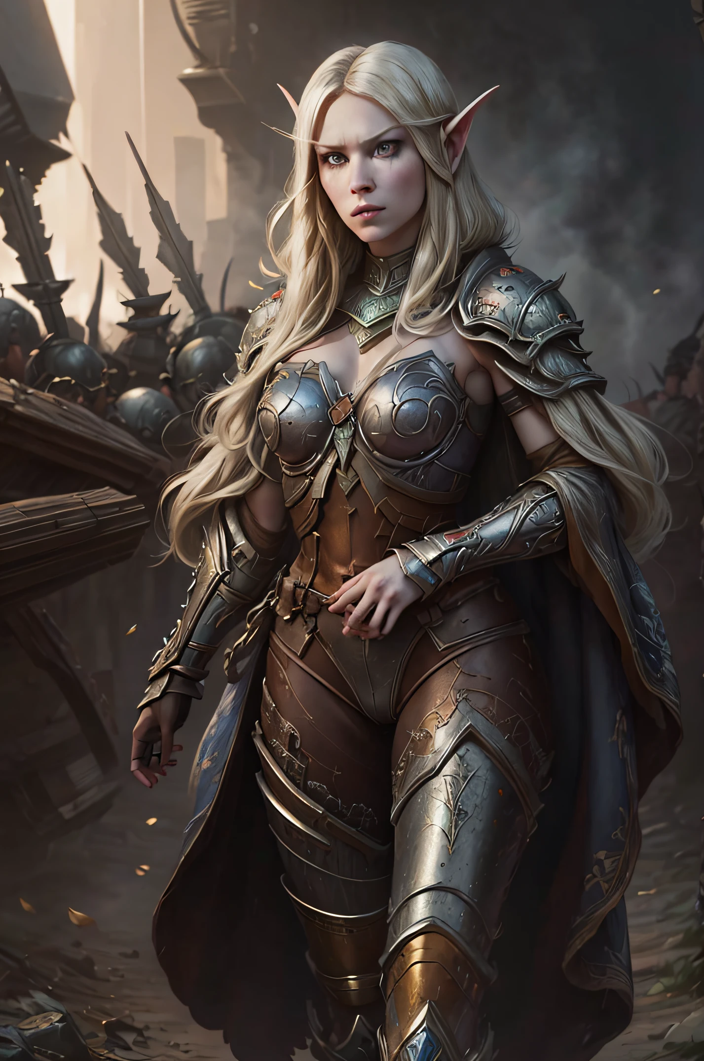 An adult girl stands on the battlefield, After the battle, Elven warriors stand on the battlefield, detailed digital anime art, Anime with small details, Best Quality, Masterpiece, Ultra-detailed, Beautiful, hight resolution, Original,CG 8K ультрареалистичный, perfect artwork, beatiful face, Face Clean, Skin, hyper realistic, Ultra Detailed, A detailed eye, dramatic  lighting, (Realistic) Realistic, Full HD, Best Quality, Best Quality, Beautiful lighting, (8k wallpaper of extremely detailed CG unit), High Details, sharp-focus, The art of dramatic and photorealistic painting