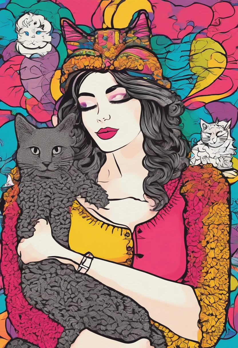 Create the image of a crochet artisan, with her 1--old l on her lap, and her two pet cats nearby. The crocheteira has hair up to the shoulder, levemente ondulados, e possui rosto arredondado e bochechas salientes