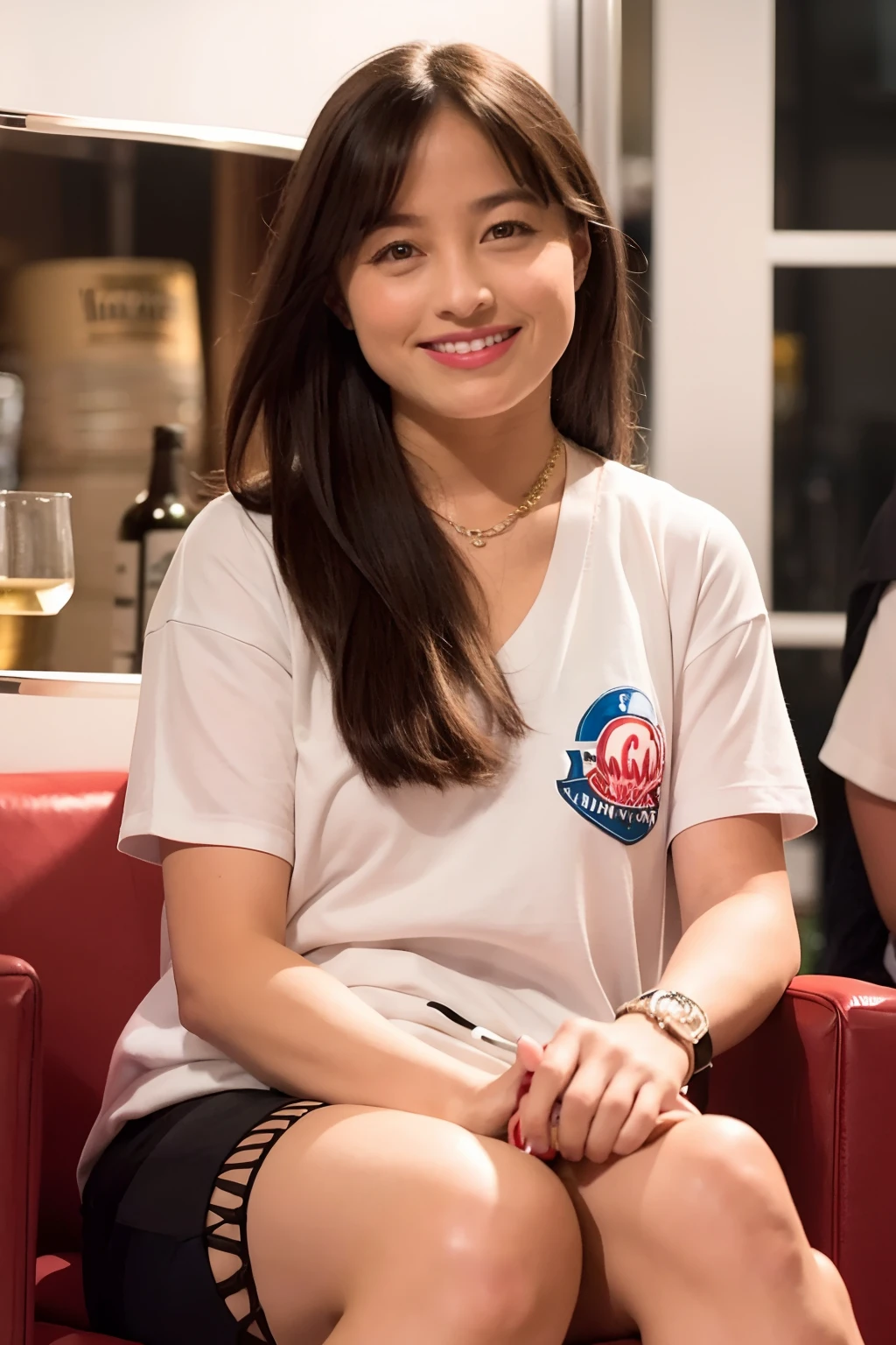 araffe woman sitting in a chair with a beer in her hand, very slightly smiling, slight cute smile, with a beautifull smile, mid shot portrait, slightly smiling, potrait, pretty face.