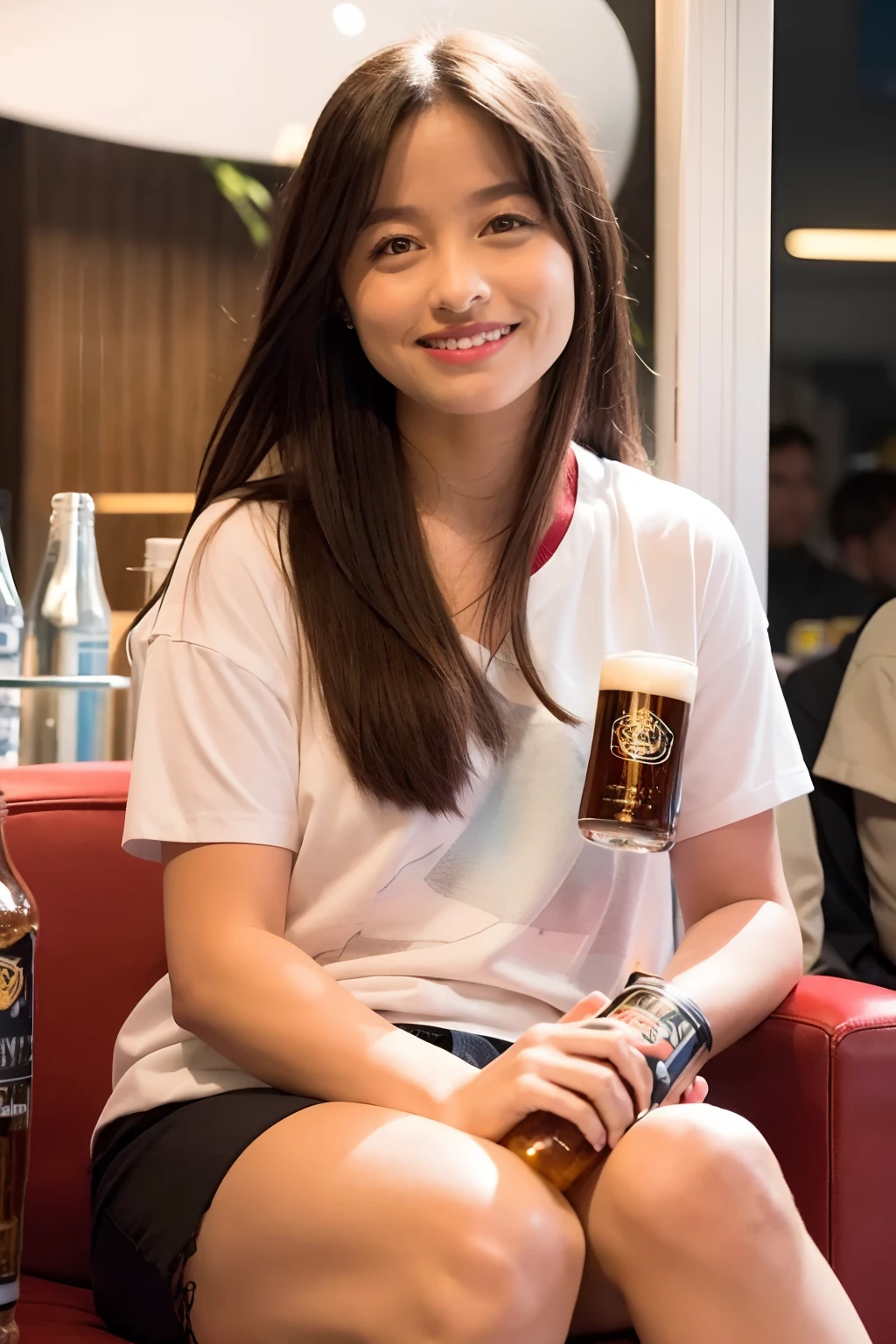 araffe woman sitting in a chair with a beer in her hand, very slightly smiling, slight cute smile, with a beautifull smile, mid shot portrait, slightly smiling, potrait, pretty face.
