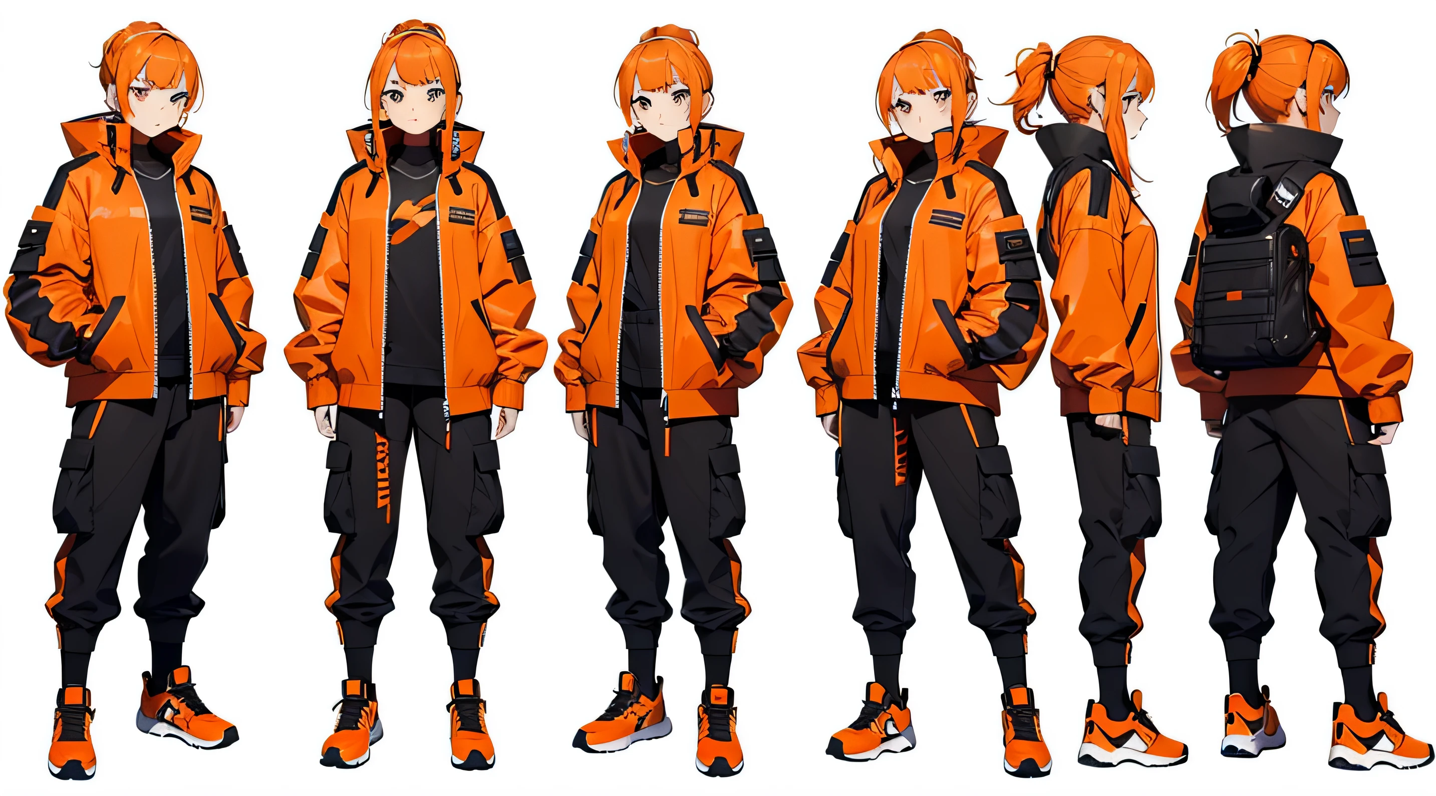 (Character design sheet, same character, identical outfits, front, side face, backboob), ((Best Quality)), ((Masterpiece)), Cyberpunk girl in tech clothes, orange jacket with side bags on arms, orange cargo pants with side pockets, orange sports shoes,