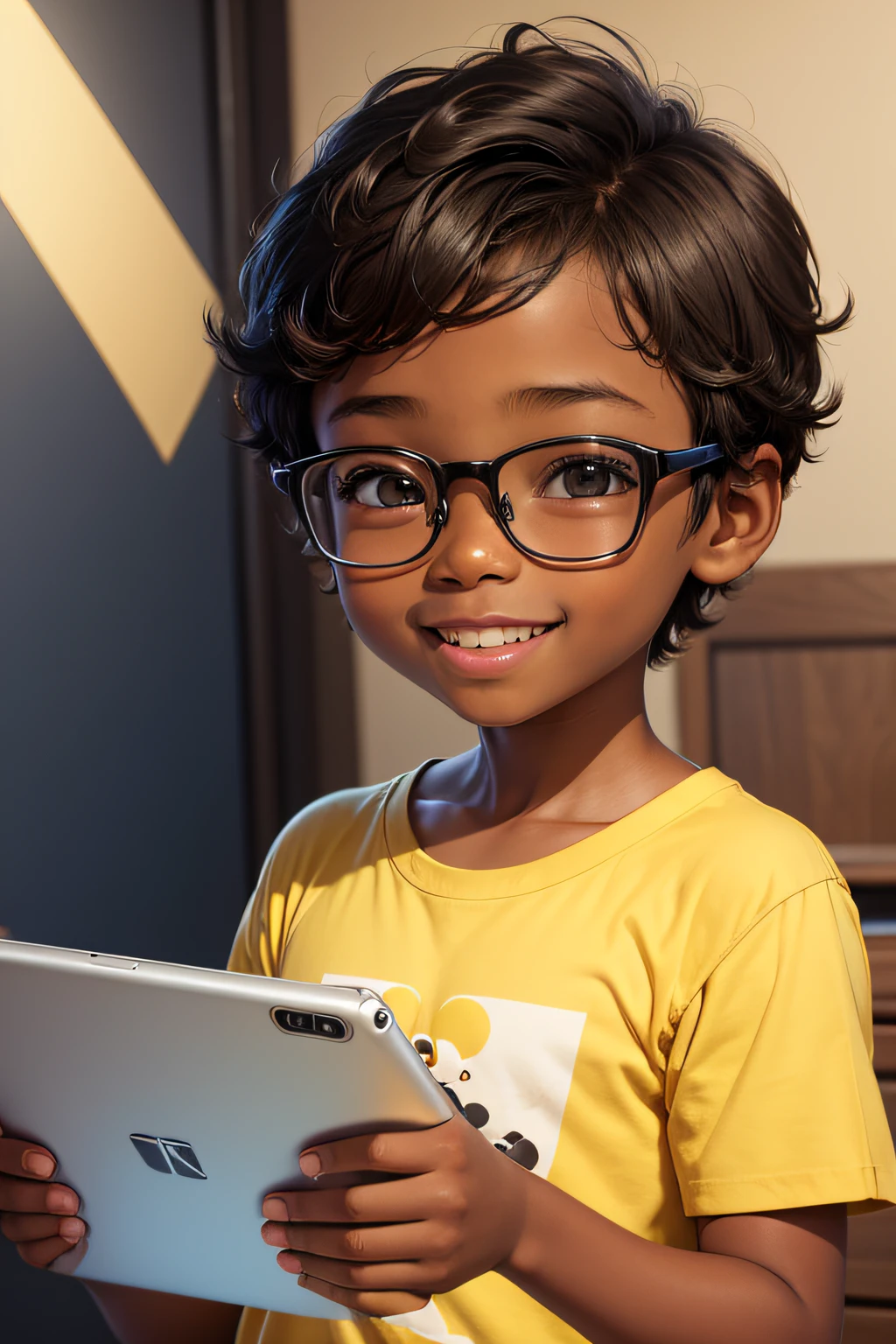 adorable and happy 7 year old child, wearing glasses, short hairstyle, medium black and brown skin tone, yellow short-sleeved t-shirt, holding a big tablet in his hand. 4k illustration, disney cartoon style.
