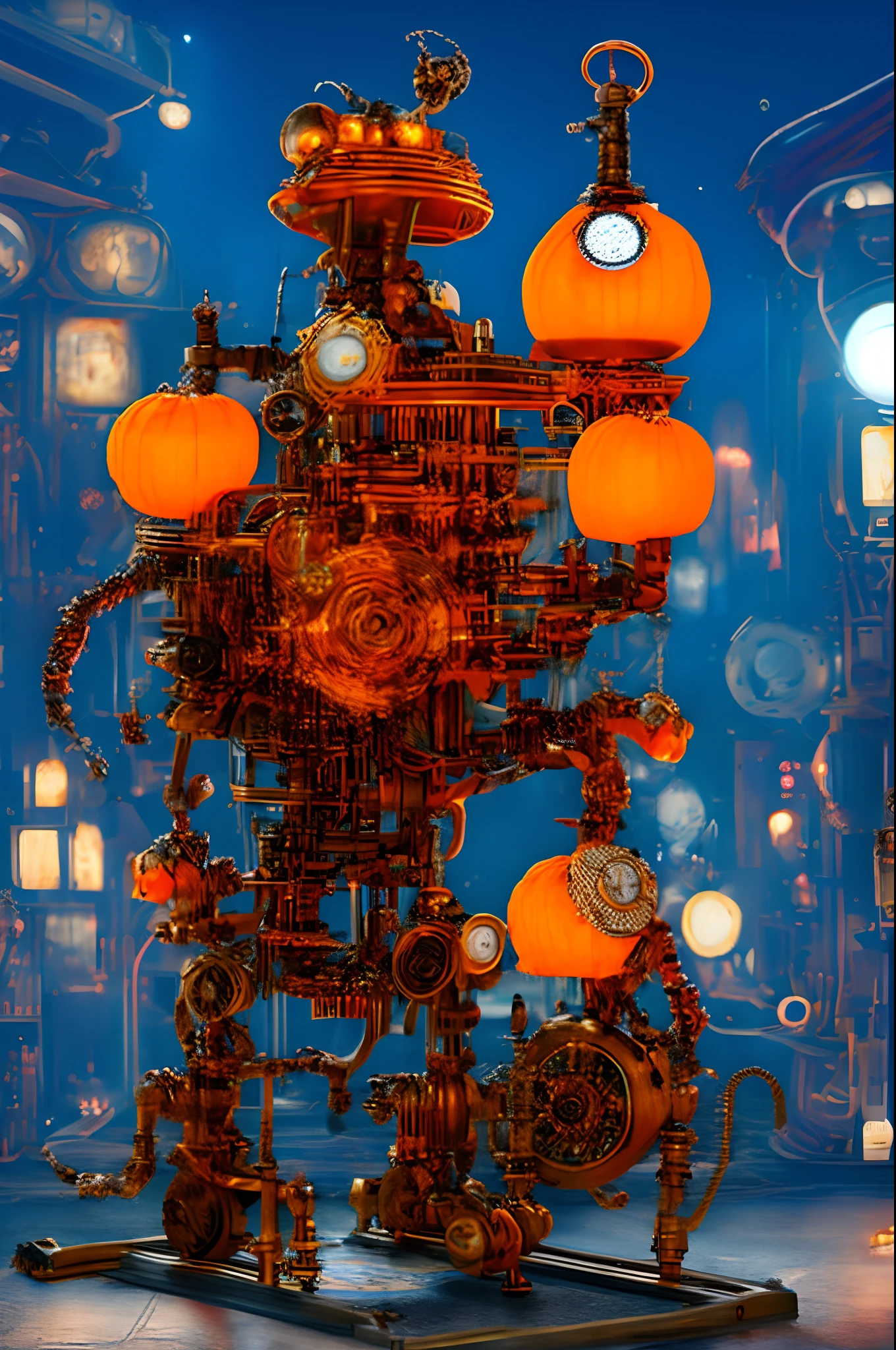 A Clockwork Pumpkin Lantern、From the neck down of a beautiful girl is a machine、Steampunk lab with complex machinery、The background is retro-futuristic city at night