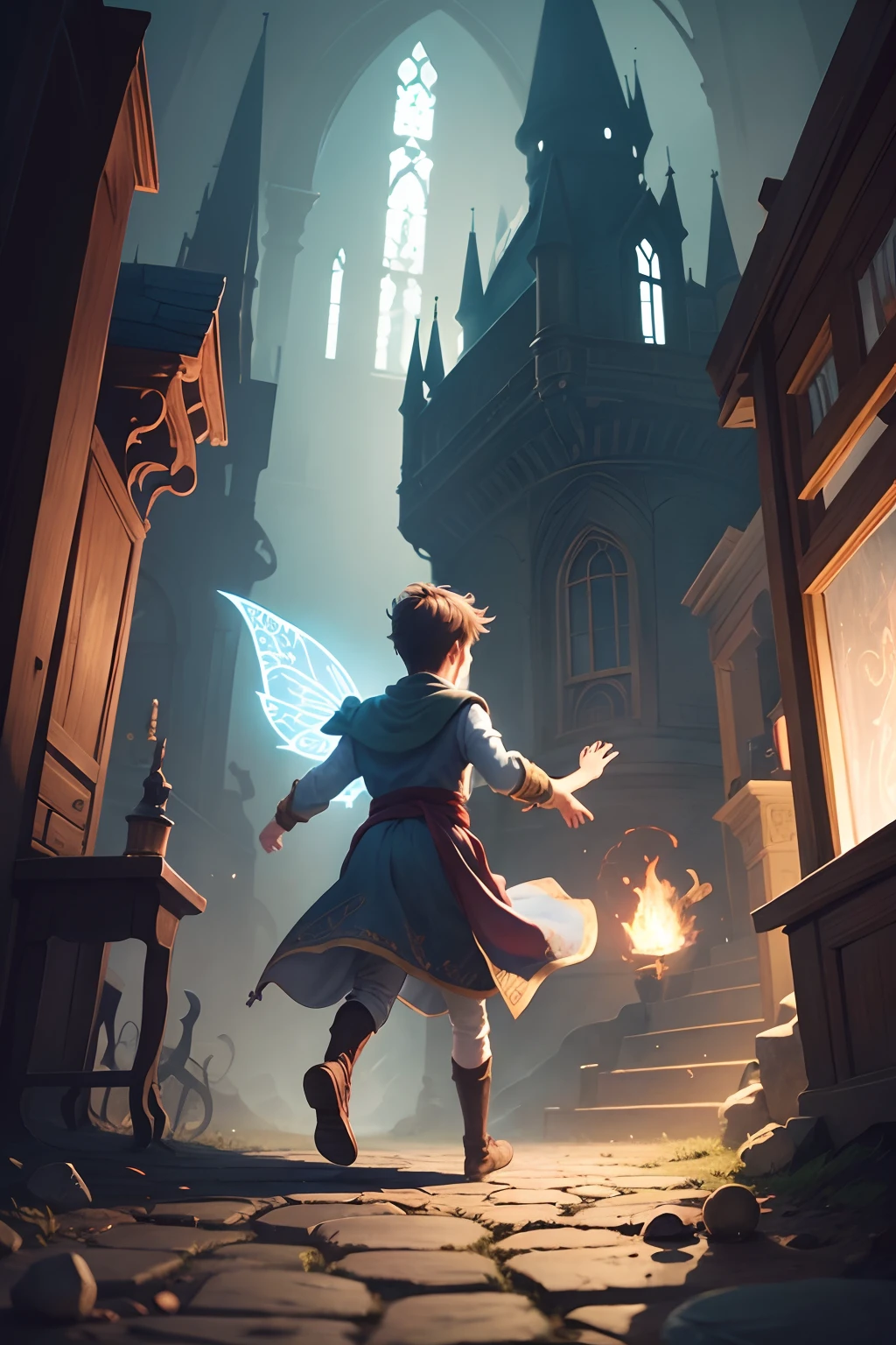 an illustration for a fairy tale about a boy running away from an evil wizard.