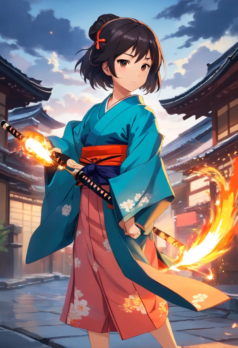 It is a full-body painting with natural colors,Line drawing with Katsushika Hokusai style。Swordsman: 7 years old Japanese little girl with a slender and slender body。A samurai with a 7-year-old girl in Japan。She has a dignified and innocent expression,Short black hair and hair accessories,flatchest,Barefoot,full bodyesbian。Her upper body is dressed in a colorful kimono,The hakama is knee-length。She holds a Japanese sword in her right hand。At the highest quality,A masterpiece of lightning and swirling flames in high resolution ukiyo-e style。The little girl stood,The face and body face forward,The back is straight。Shoot at medium distance。