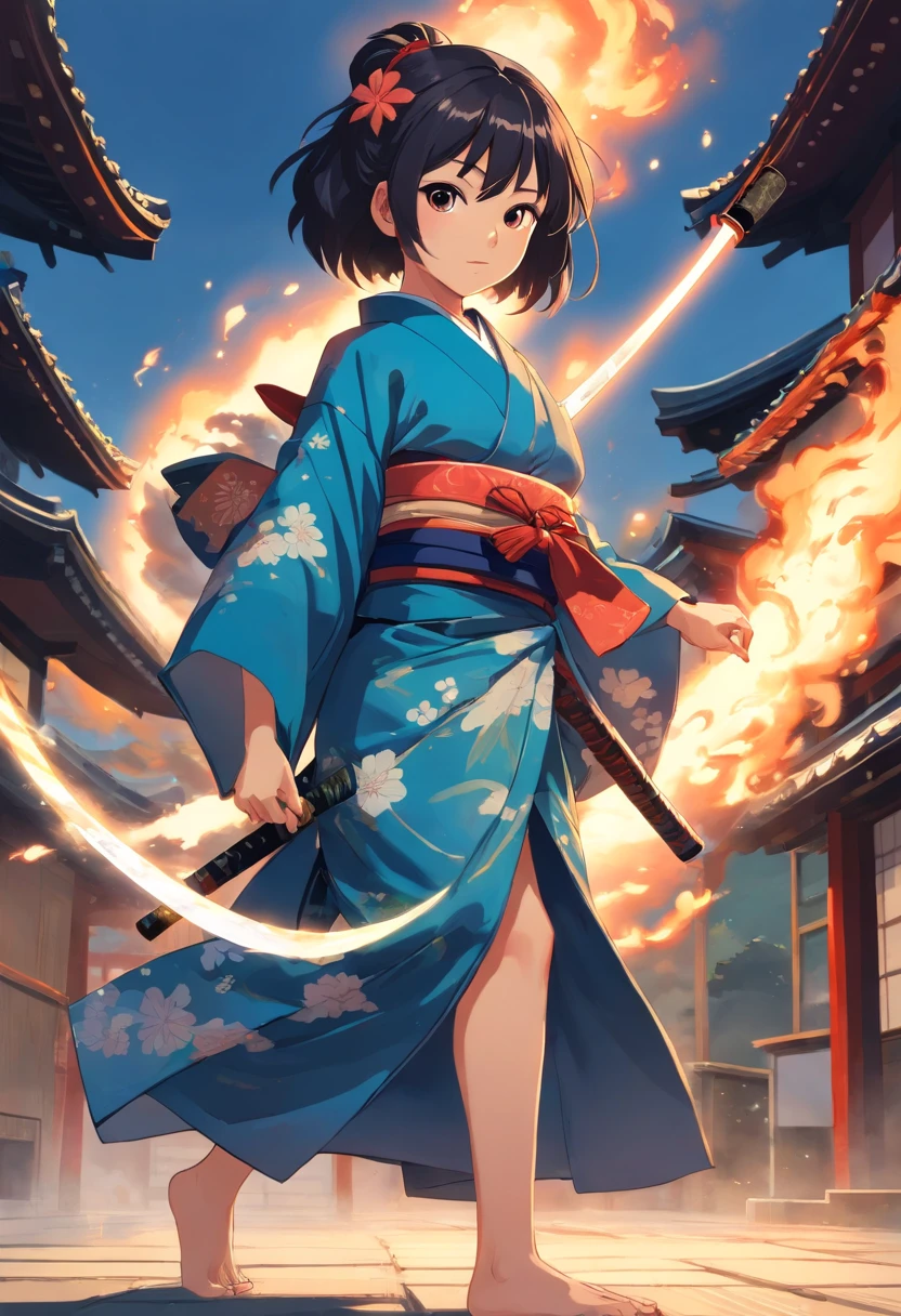 It is a full-body painting with natural colors,Line drawing with Katsushika Hokusai style。Swordsman: 7 Japanese little gih a slender and slender body。A samurai with a 7-year-old girl ipan。Shas a dignified and innocent expression,Short black hair and hair accessories,flatchest,Barefoot,full bodyesbian。Her upper body is dressed in a colorful kimono,The hakama is knee-length。She holds a Japanese sword in her right hand。At the highest quality,A masterpiece of lightning and swirling flames in high resolution ukiyo-e style。The little girl stood,The nd body face forward,The back is straight。Shoot at medium distance。