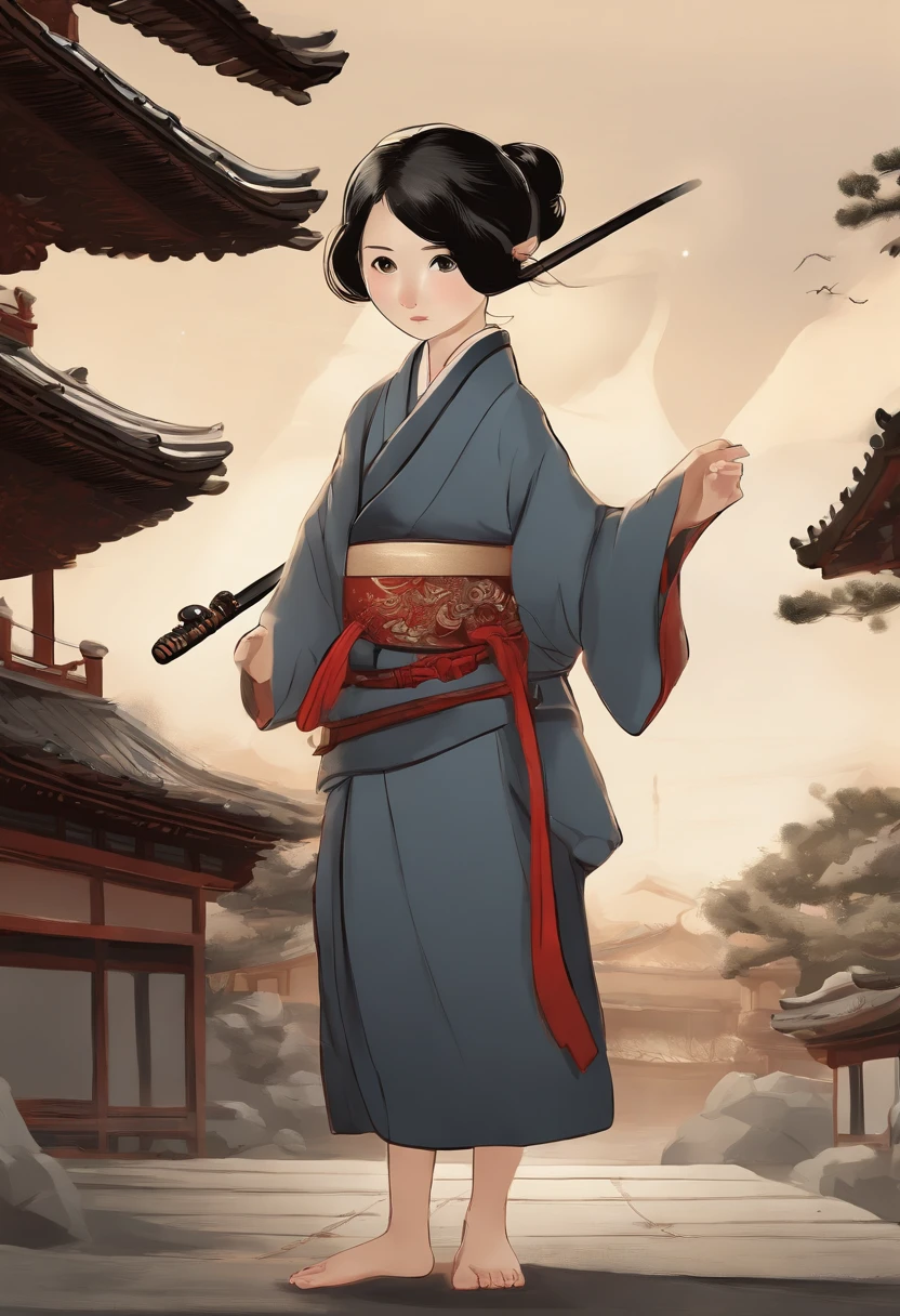 It is a full-body painting with natural colors，Line drawing with Katsushika Hokusai style。Swordsman: 7  Japanese little gih a slender and slender body。A samurai with a 7-year-old girl ipan。Shas a dignified and innocent expression，Short black hair and hair accessories，flatchest，Barefoot，full bodyesbian。Her upper body is dressed in a colorful kimono，The hakama is knee-length。She holds a Japanese sword in her right hand。At the highest quality，A masterpiece of lightning and swirling flames in high resolution ukiyo-e style。The little girl stood，The nd body face forward，The back is straight。Shoot at medium distance。