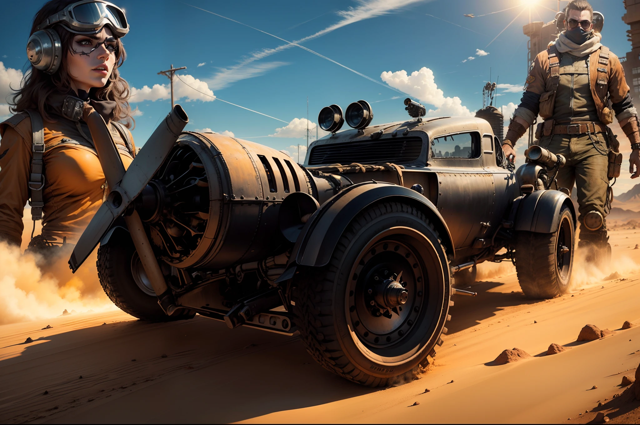 Um carro preto e estragado no estilo de Mad Max todo poderoso com torpedos e turbina, behind a pilot in Mad Max-style clothes and on the other side a beautiful Mad Max-style warrior woman and in the background a city in the middle of the desert with Mad Max-style buildings and constructions, The whole scene is in orange yellow hues of the dry desert with a sun shining in the sky