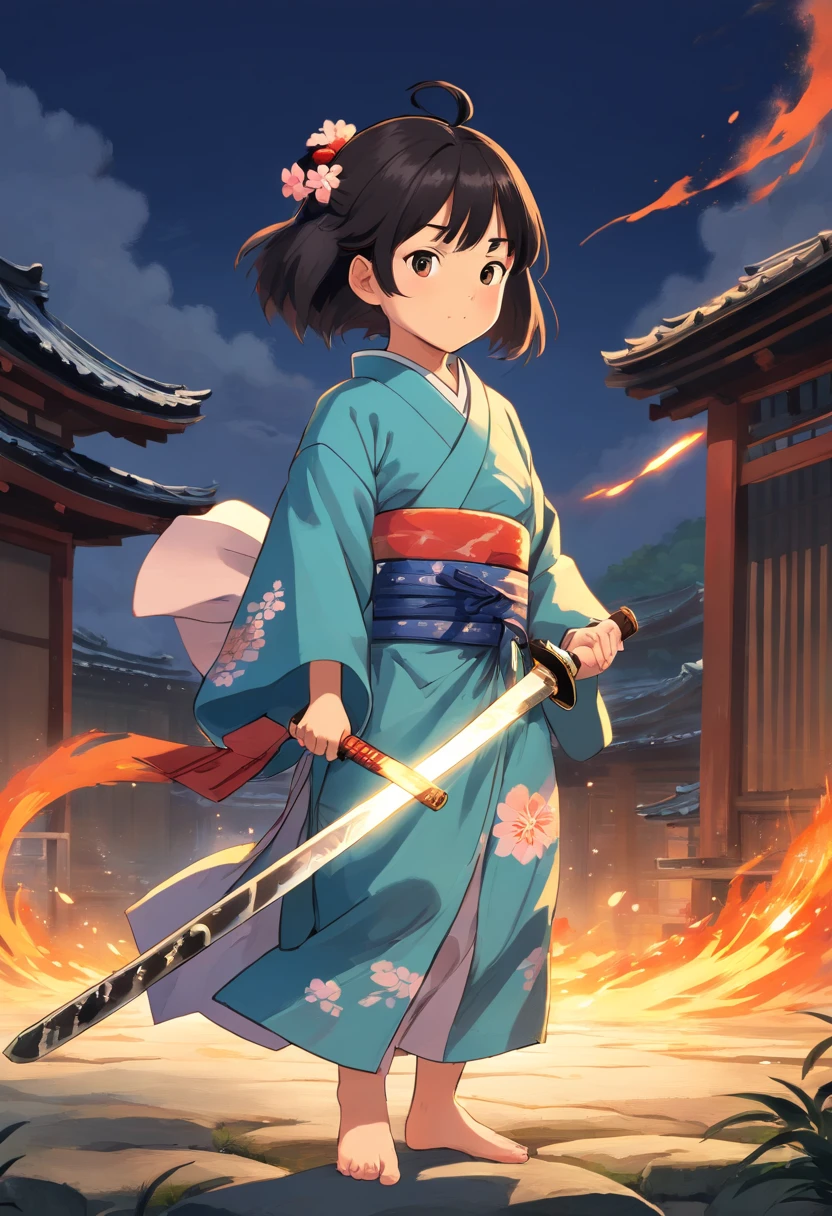 It is a full-body painting with natural colors,Line drawing with Katsushika Hokusai style。Swordsman: 7 years old Japanese little girl with a slender and slender body。A samurai with a 7-year-old girl in Japan。She has a dignified and innocent expression,Short black hair and hair accessories,flatchest,Barefoot,full bodyesbian。Her upper body is dressed in a colorful kimono,The hakama is knee-length。She holds a Japanese sword in her right hand。At the highest quality,A masterpiece of lightning and swirling flames in high resolution ukiyo-e style。The little girl stood,The face and body face forward,The back is straight。Shoot at medium distance。