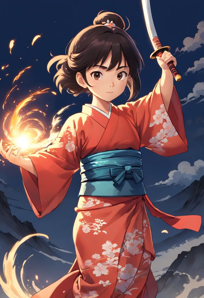 It is a full-body painting with natural colors,Line drawing with Katsushika Hokusai style。Swordsman: 7 years old Japanese little girl with a slender and slender body。A samurai with a 7-year-old girl in Japan。She has a dignified and innocent expression,Short black hair and hair accessories,flatchest,Barefoot,full bodyesbian。Her upper body is dressed in a colorful kimono,The hakama is knee-length。She holds a Japanese sword in her right hand。At the highest quality,A masterpiece of lightning and swirling flames in high resolution ukiyo-e style。The little girl stood,The face and body face forward,The back is straight。Shoot at medium distance。