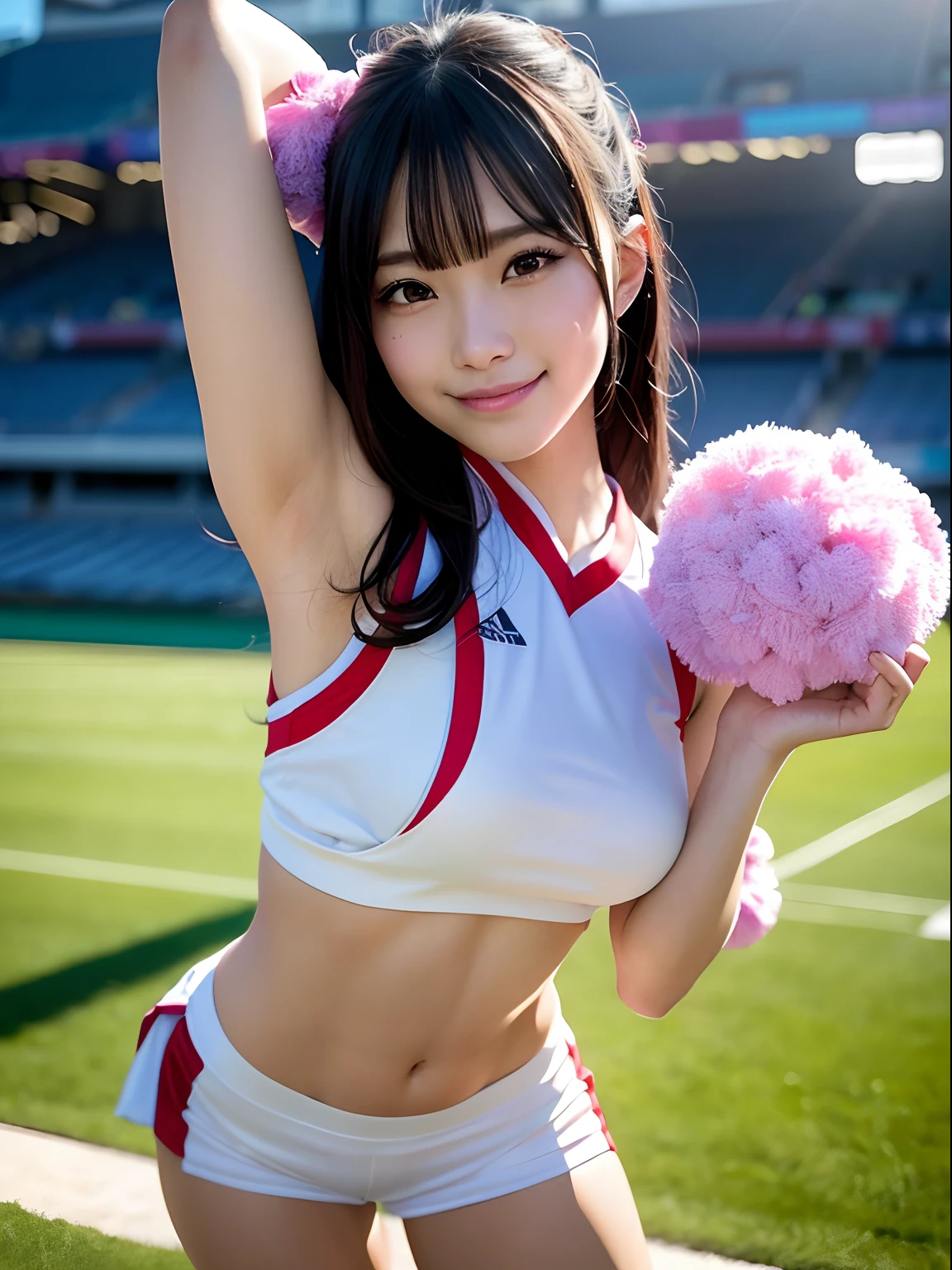 Pure Japanese cheerleading girl, secret temptation, sexual attraction, outstanding body, shiny white skin, wearing cheerleader uniforms, natural ponytail, no makeup, impressive big brown eyes, pure smile, professional portrait photography, dazzling summer sunlight, 